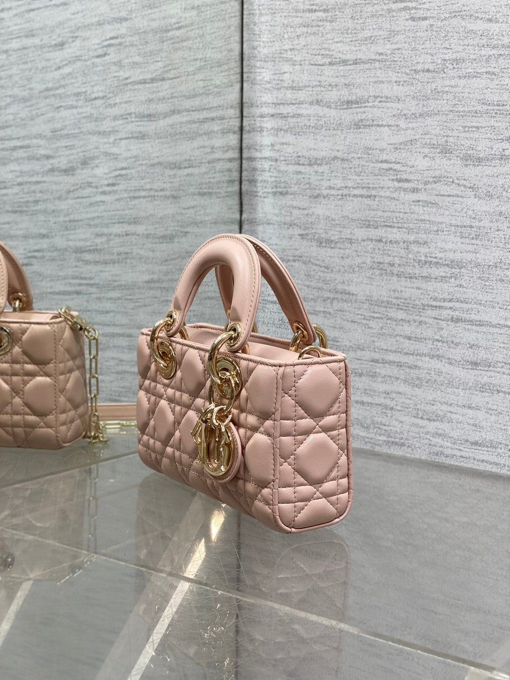DIOR 25S MICRO LADY D-JOY 19 IN BABY PINK CALFSKIN GOLD HARDWRE