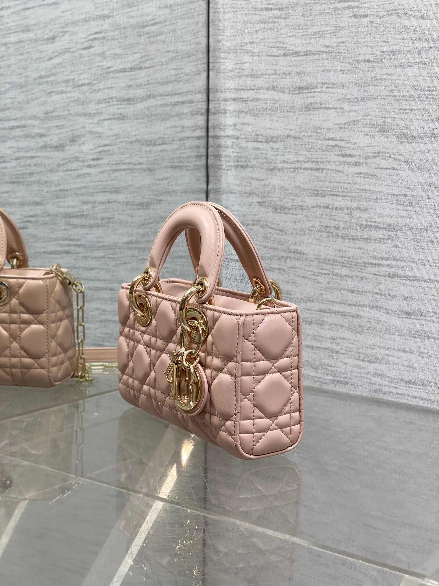 DIOR 25S MICRO LADY D-JOY 19 IN BABY PINK CALFSKIN GOLD HARDWARE