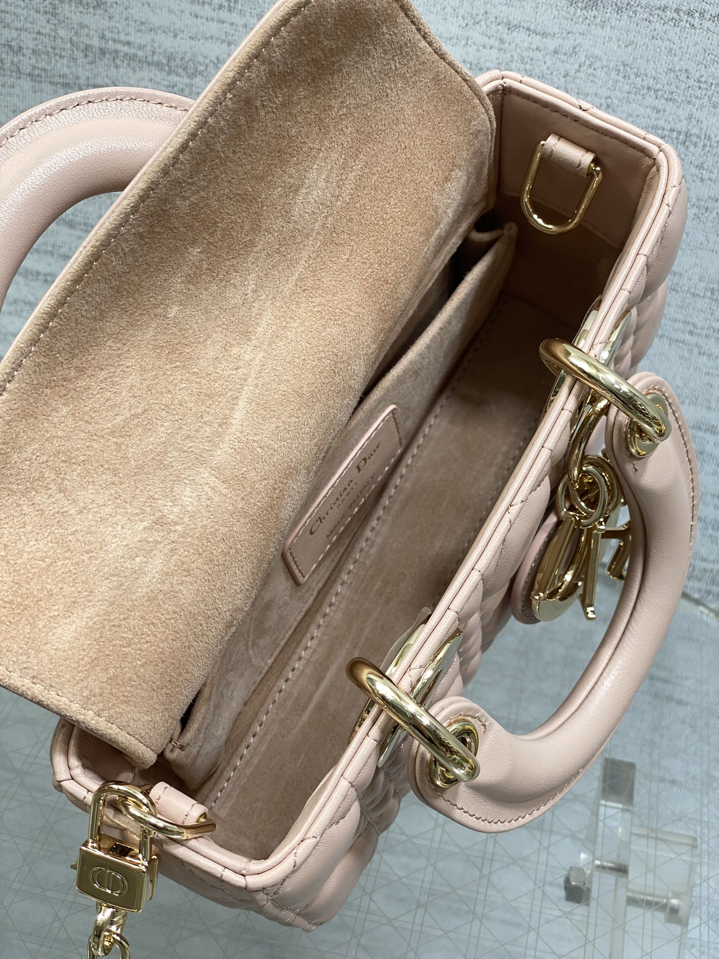 DIOR 25S MICRO LADY D-JOY 19 IN BABY PINK CALFSKIN GOLD HARDWRE