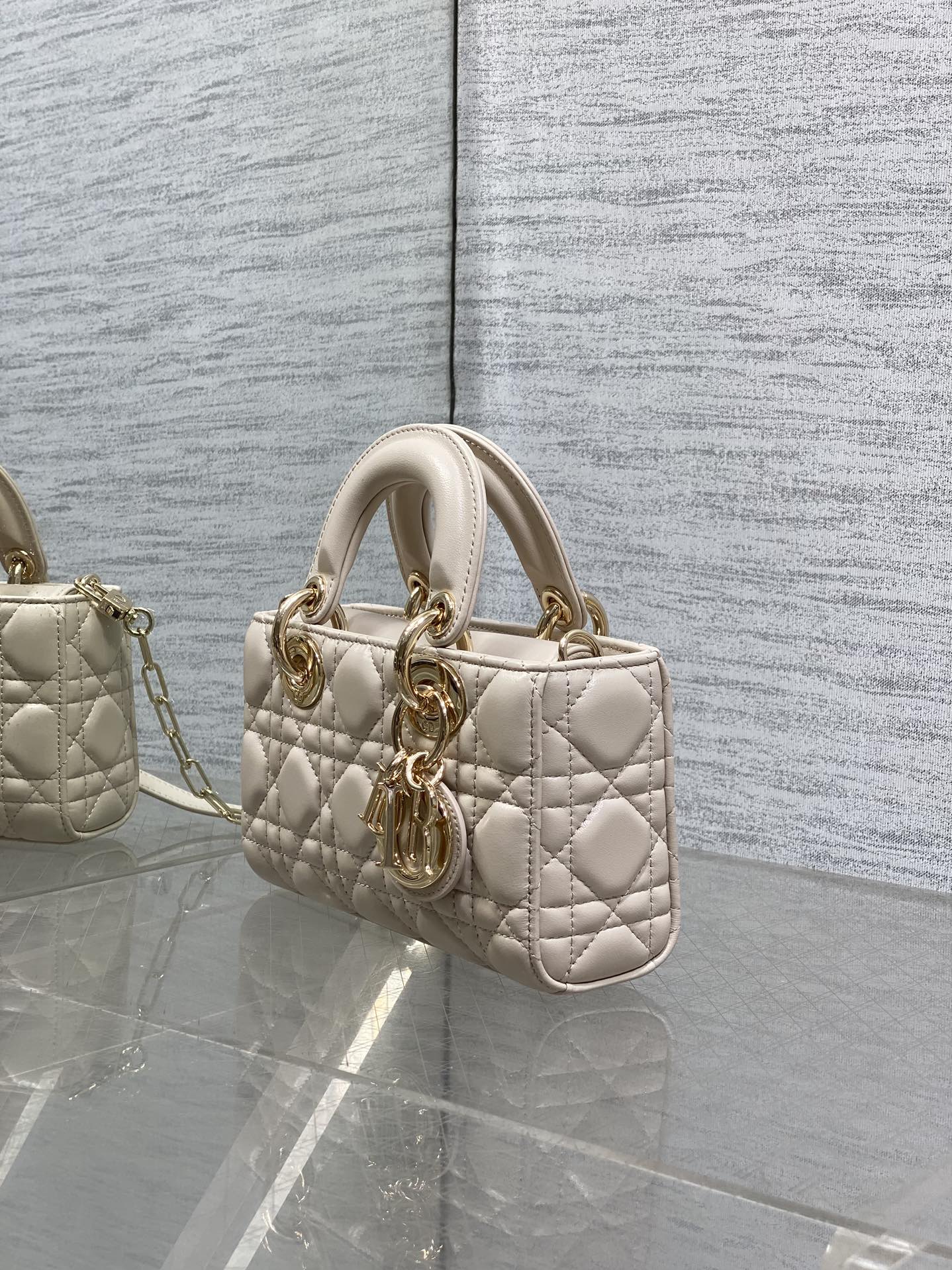 DIOR 25S MICRO LADY D-JOY 19 IN BEIGE CALFSKIN GOLD HARDWARE
