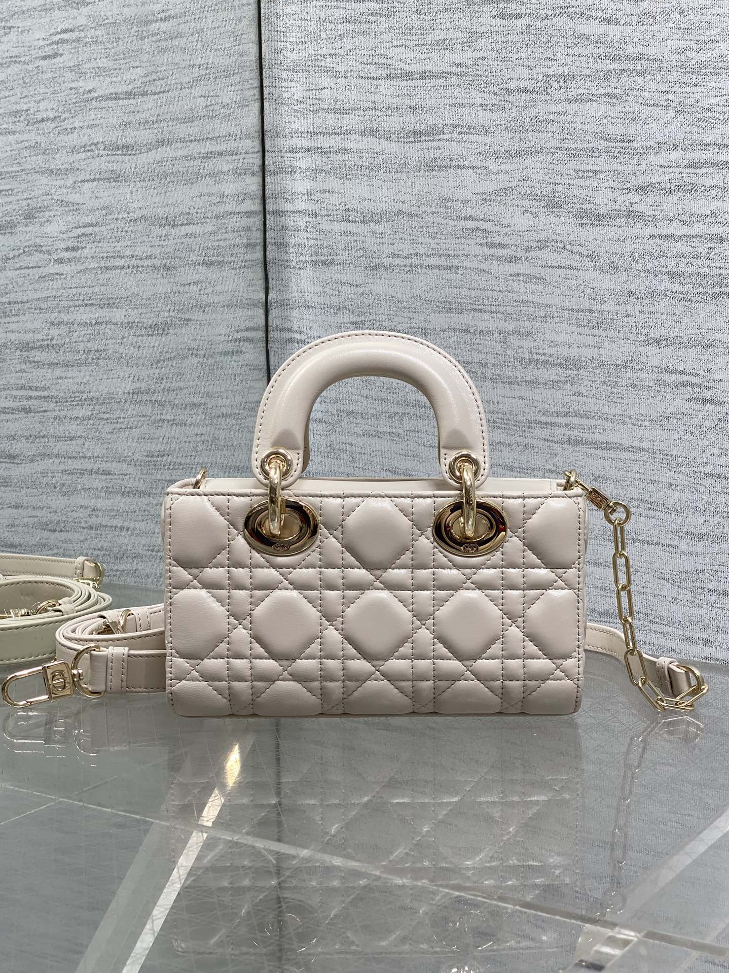 DIOR 25S MICRO LADY D-JOY 19 IN BEIGE CALFSKIN GOLD HARDWRE