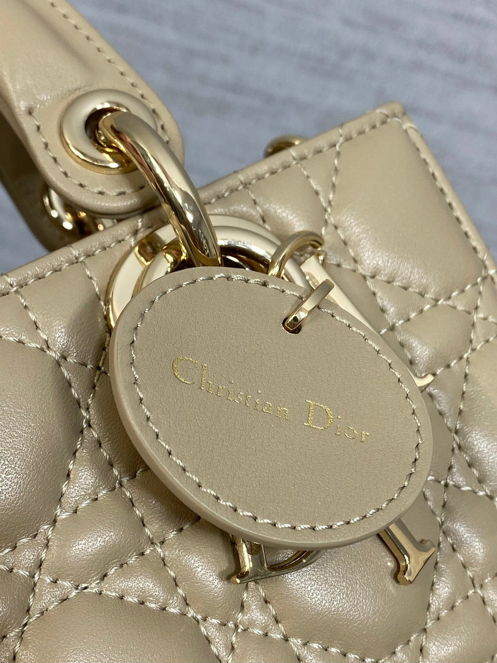 DIOR 25S SMALL LADY D‑JOY BAG 19 IN DARK BEIGE CANNAGE CALFSKIN GOLD HARDWRE