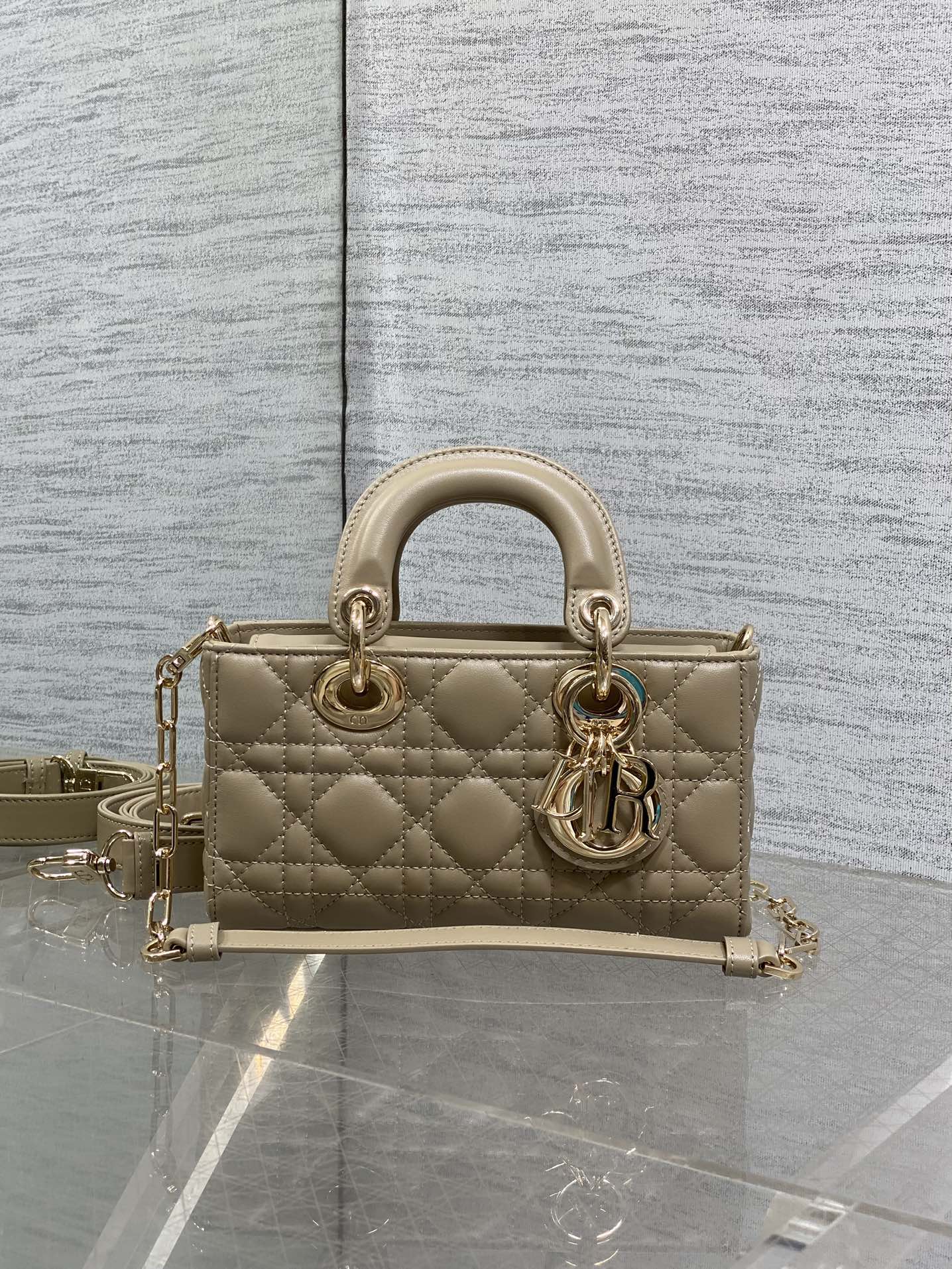 DIOR 25S SMALL LADY D‑JOY BAG 19 IN DARK BEIGE CANNAGE CALFSKIN GOLD HARDWRE