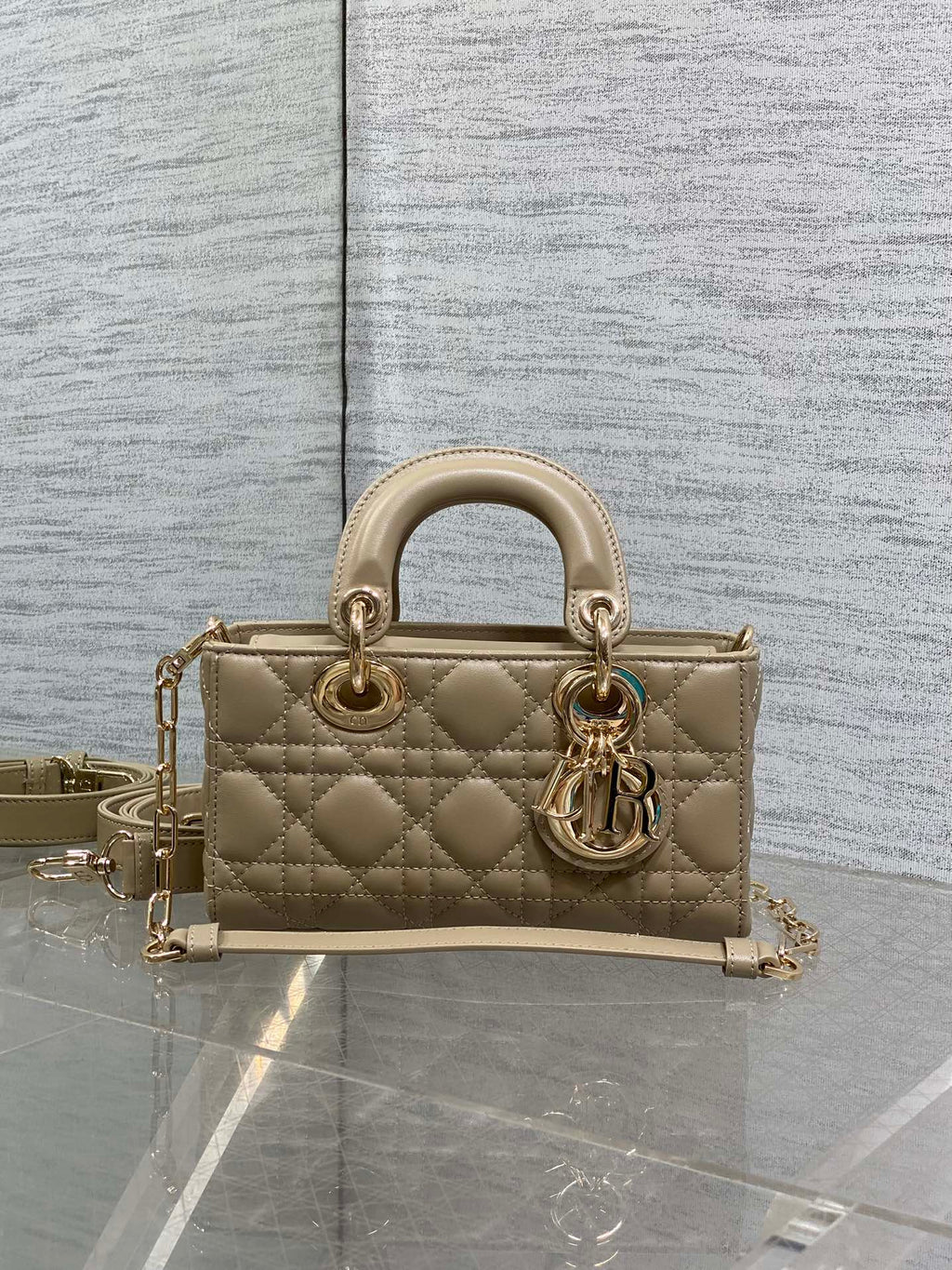 DIOR 25S SMALL LADY D‑JOY BAG 19 IN DARK BEIGE CANNAGE CALFSKIN GOLD HARDWARE