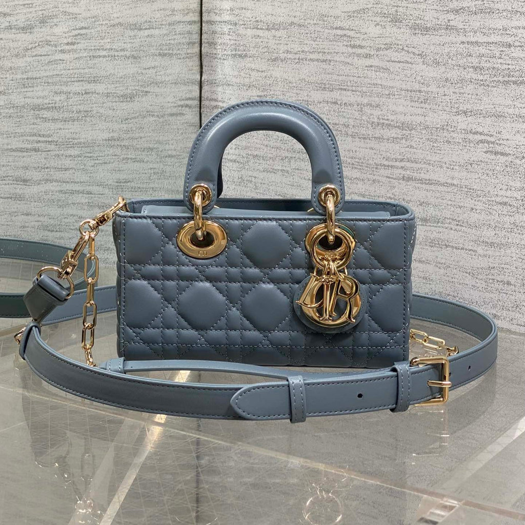 DIOR 25S SMALL LADY D‑JOY BAG 19 IN STEEL BLUE GRAY CANNAGE CALFSKIN GOLD HARDWRE
