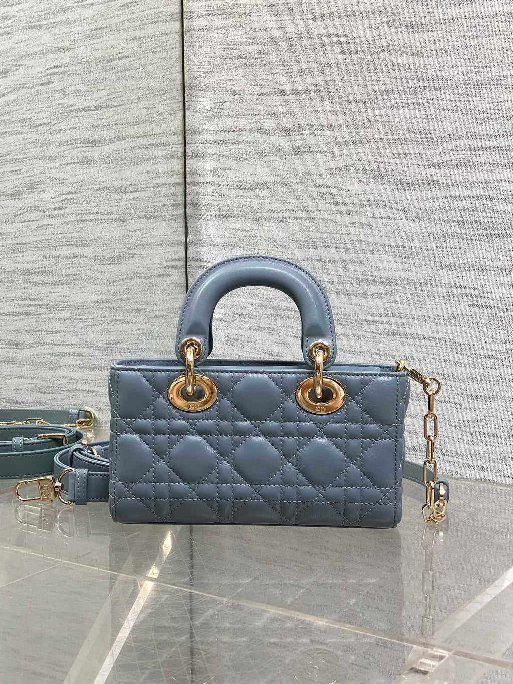 DIOR 25S SMALL LADY D‑JOY BAG 19 IN STEEL BLUE GRAY CANNAGE CALFSKIN GOLD HARDWARE
