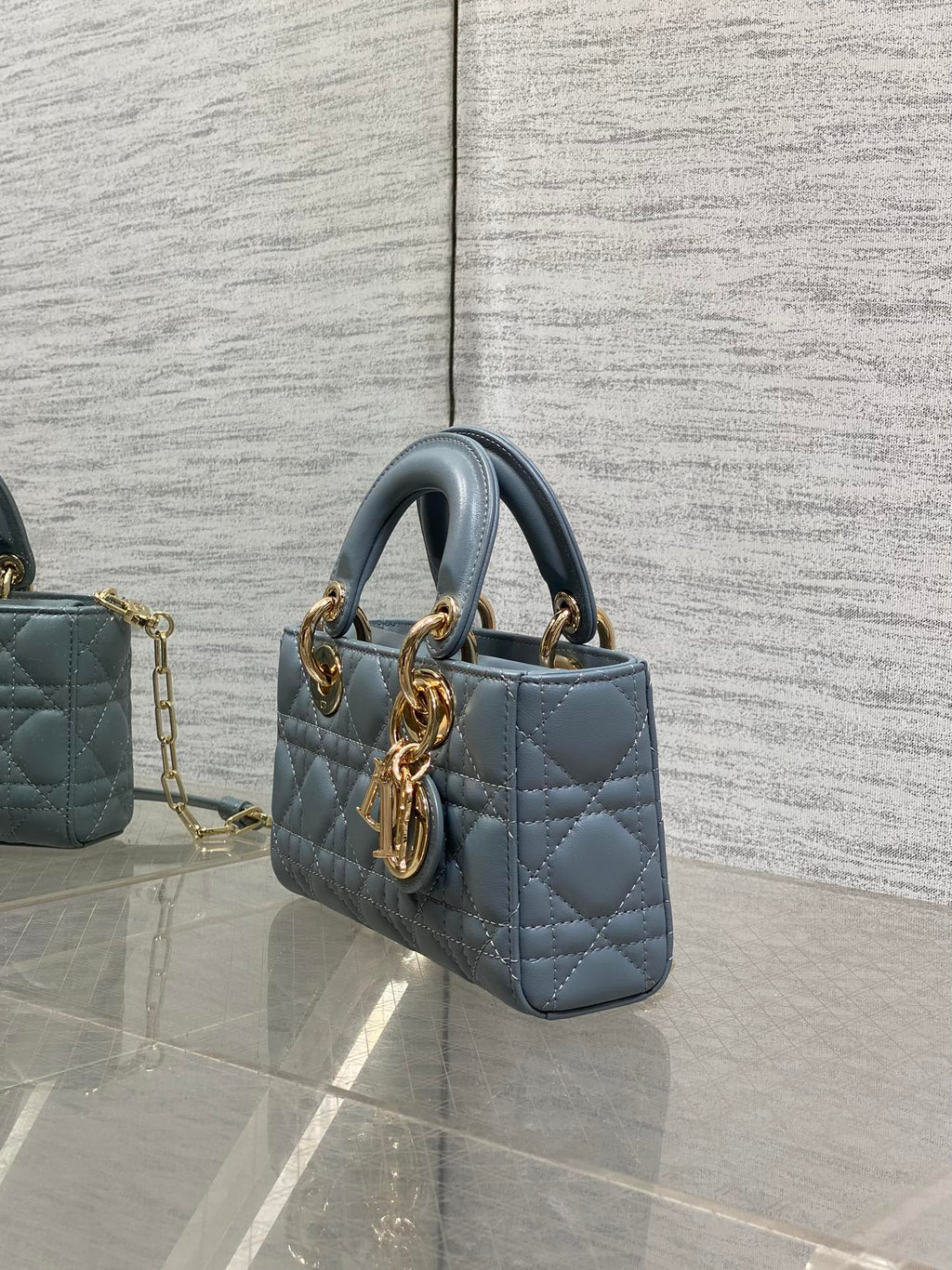 DIOR 25S SMALL LADY D‑JOY BAG 19 IN STEEL BLUE GRAY CANNAGE CALFSKIN GOLD HARDWRE