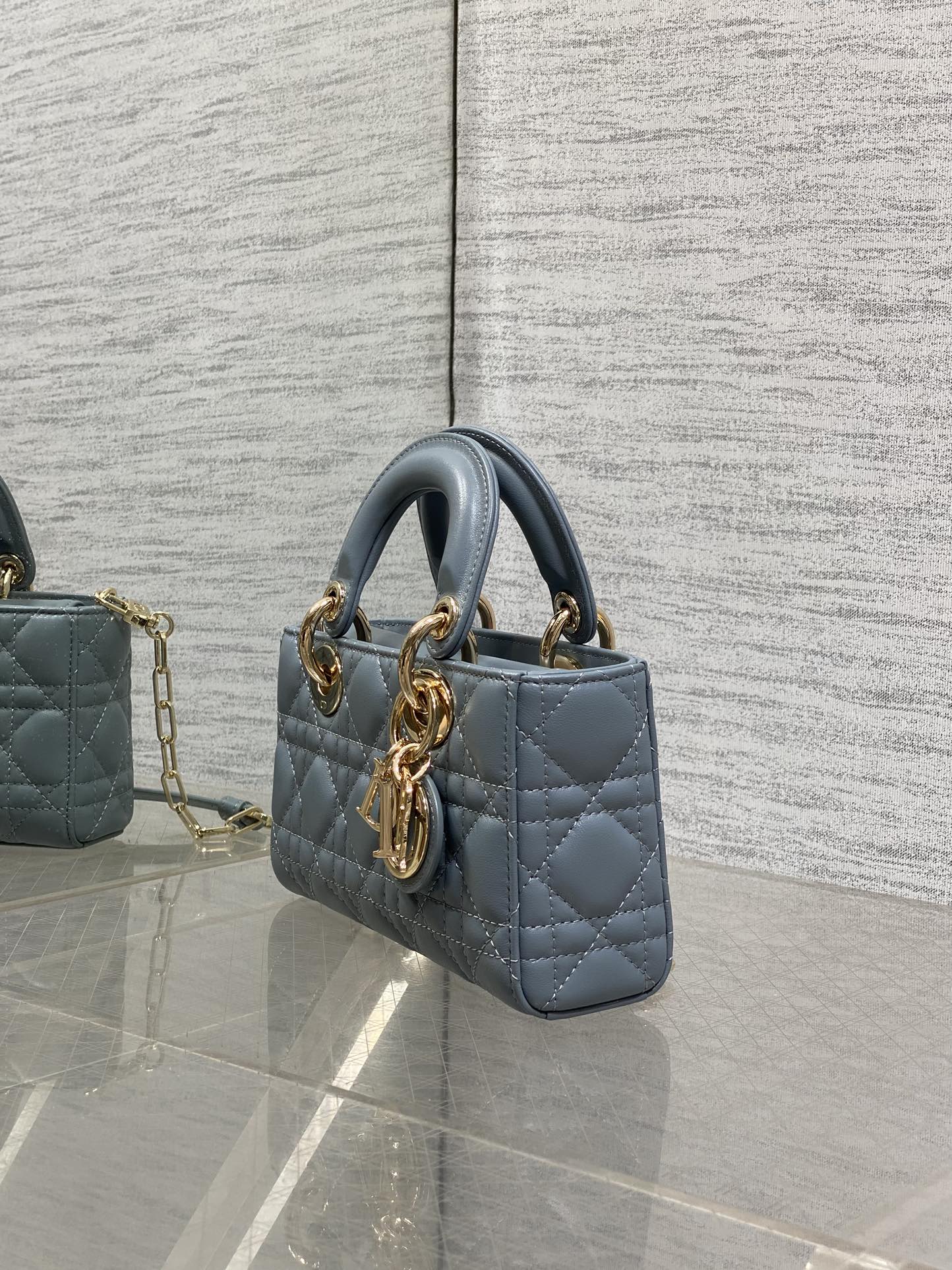 DIOR 25S SMALL LADY D‑JOY BAG 19 IN STEEL BLUE GRAY CANNAGE CALFSKIN GOLD HARDWRE