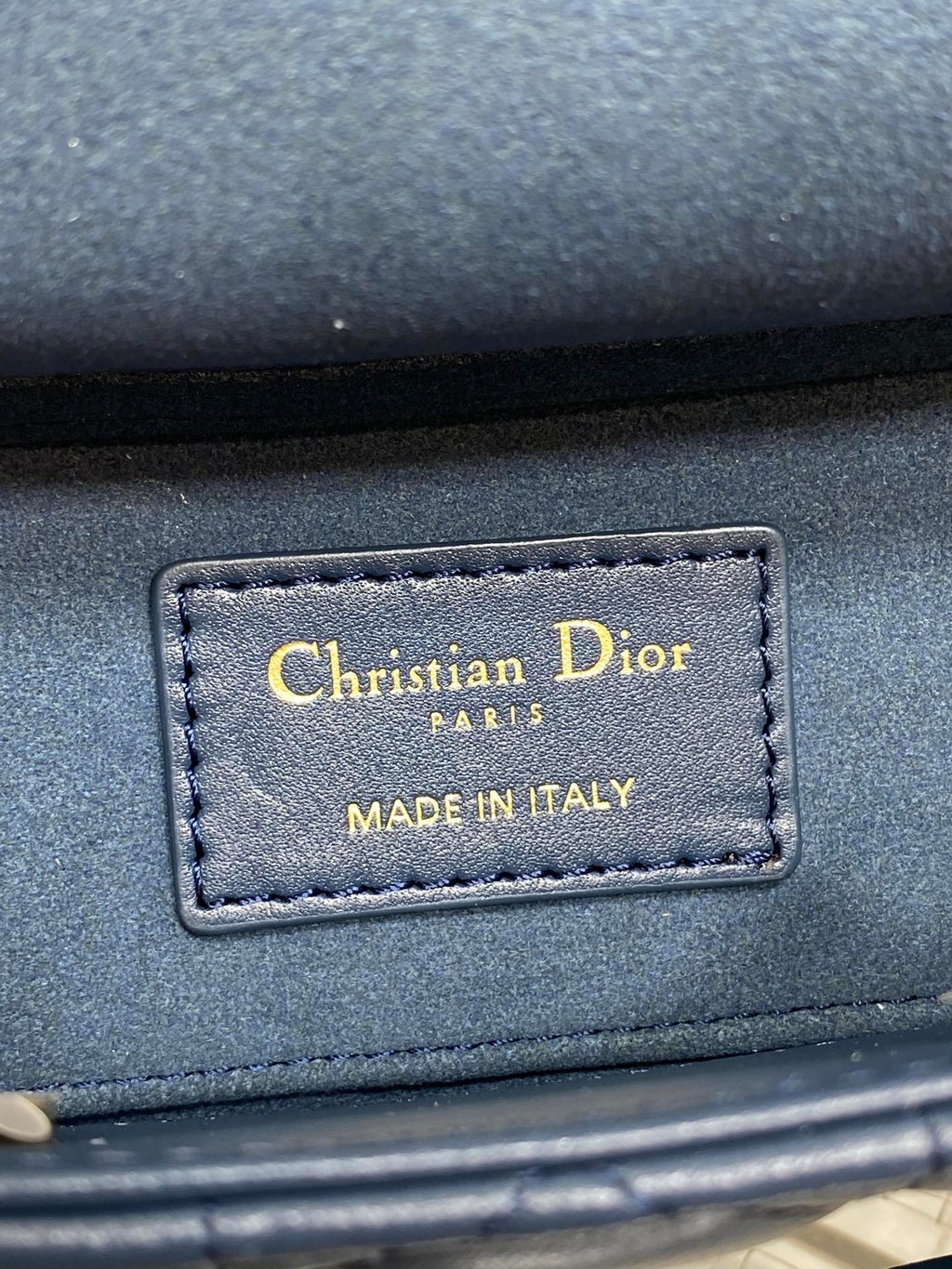 DIOR 25S SMALL LADY D‑JOY BAG 19 IN DARK BLUE CANNAGE CALFSKIN GOLD HARDWARE