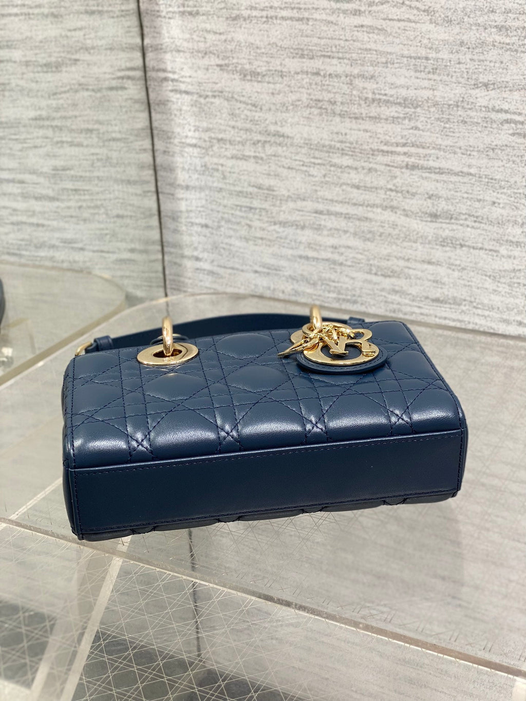 DIOR 25S SMALL LADY D‑JOY BAG 19 IN DARK BLUE CANNAGE CALFSKIN GOLD HARDWARE