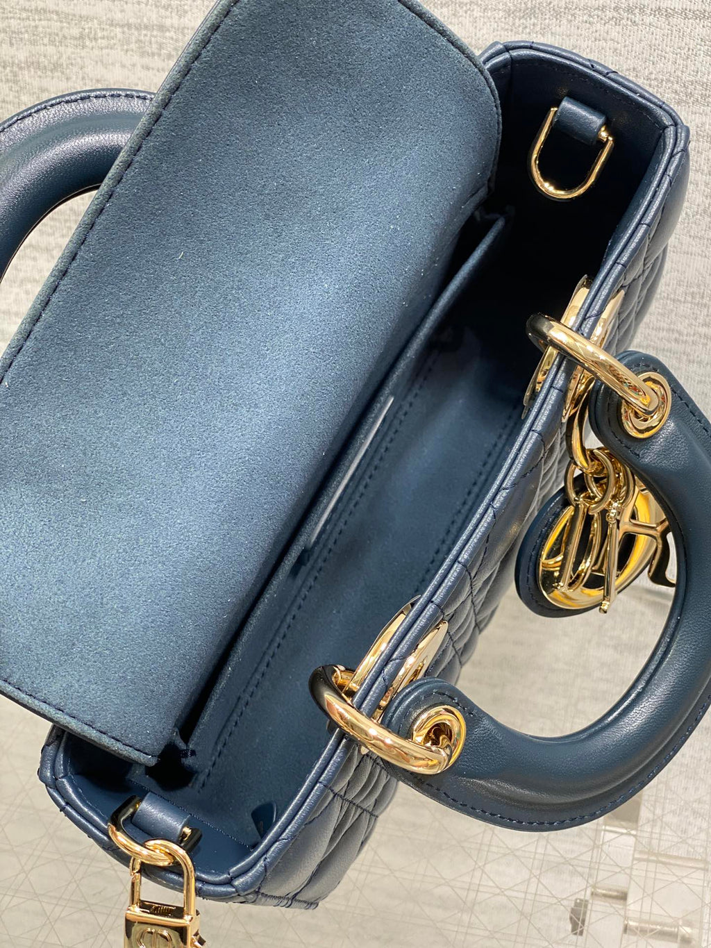DIOR 25S SMALL LADY D‑JOY BAG 19 IN DARK BLUE CANNAGE CALFSKIN GOLD HARDWARE