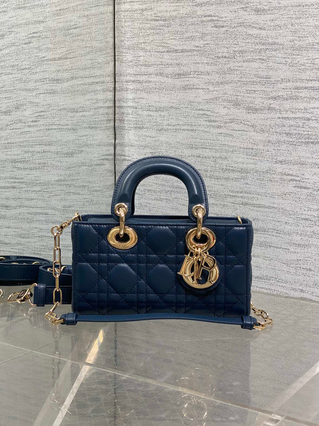 DIOR 25S SMALL LADY D‑JOY BAG 19 IN DARK BLUE CANNAGE CALFSKIN GOLD HARDWRE