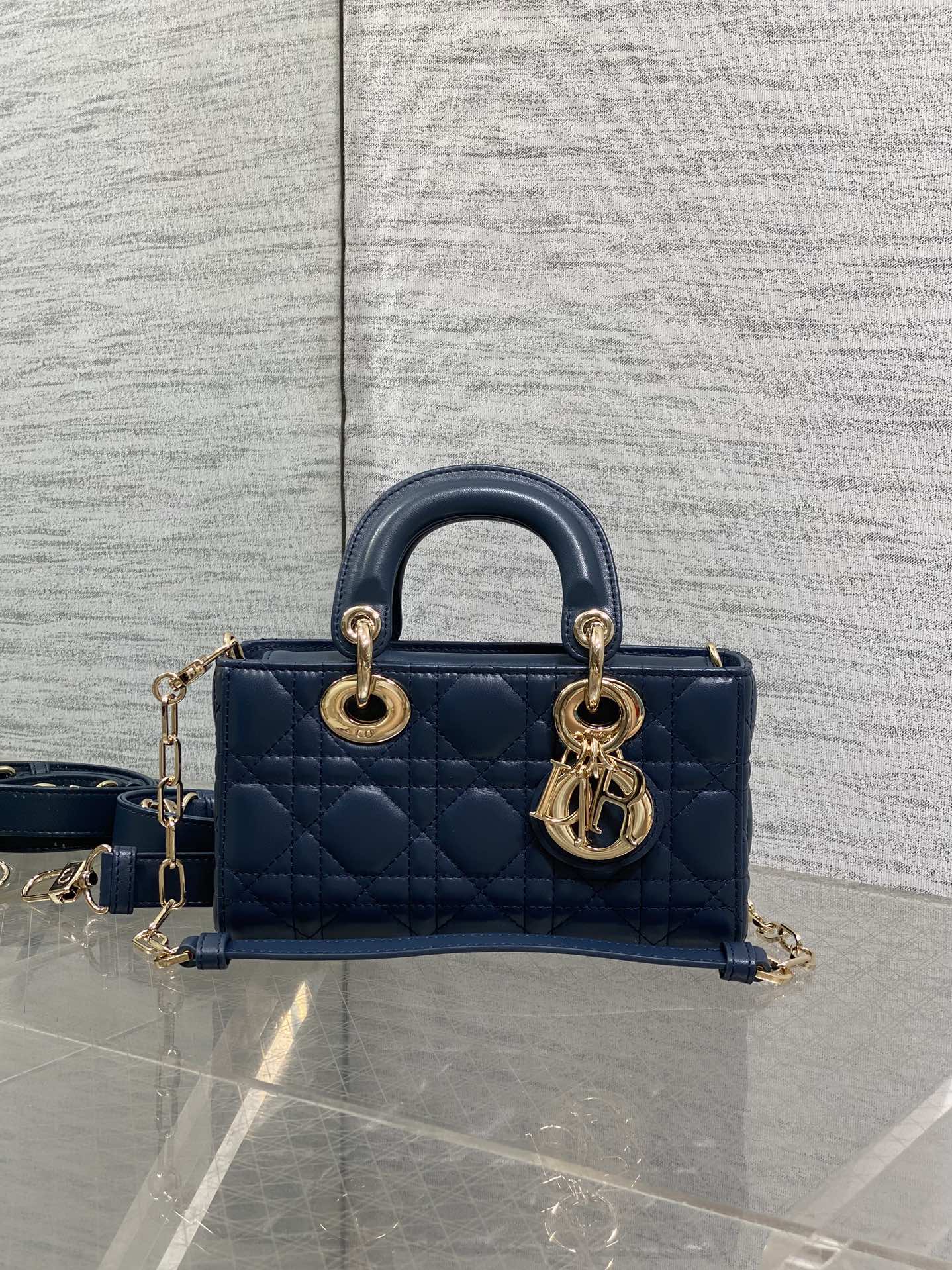 DIOR 25S SMALL LADY D‑JOY BAG 19 IN DARK BLUE CANNAGE CALFSKIN GOLD HARDWARE