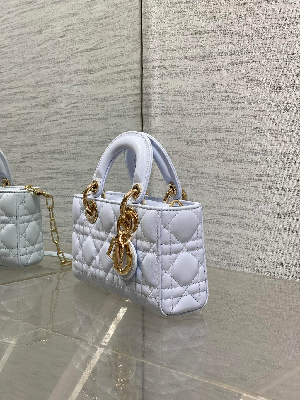 DIOR 25S SMALL LADY D‑JOY BAG 19 IN LIGHT BLUE CANNAGE CALFSKIN GOLD HARDWRE