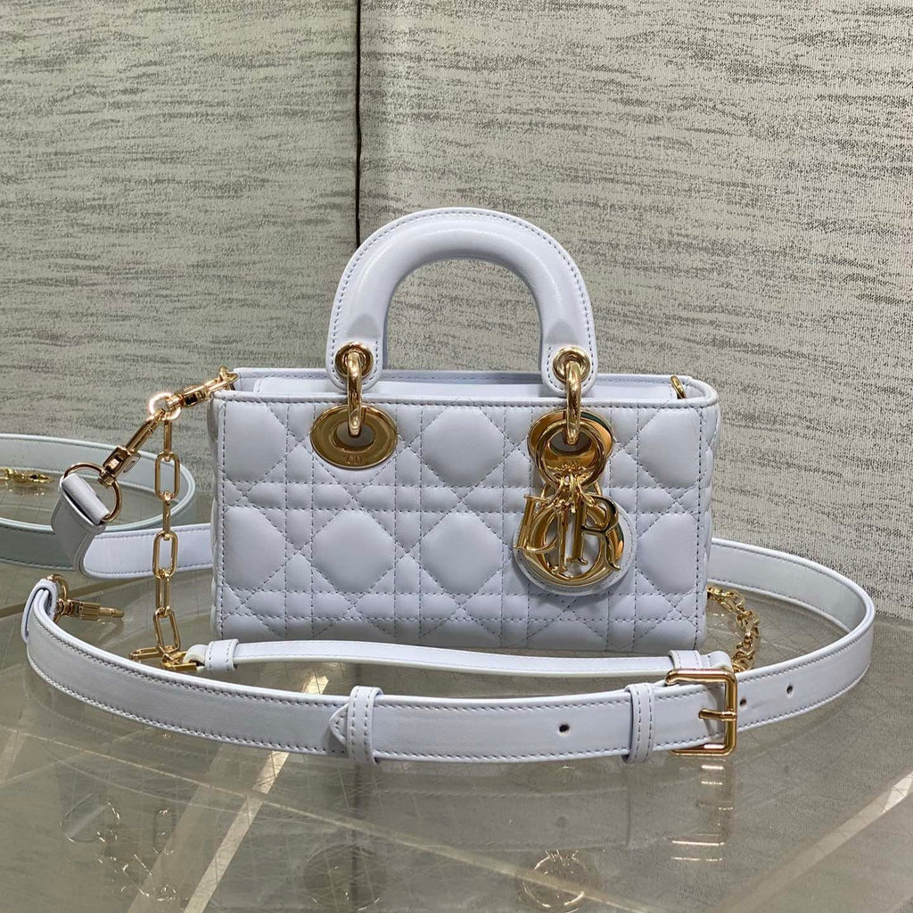 DIOR 25S SMALL LADY D‑JOY BAG 19 IN LIGHT BLUE CANNAGE CALFSKIN GOLD HARDWRE