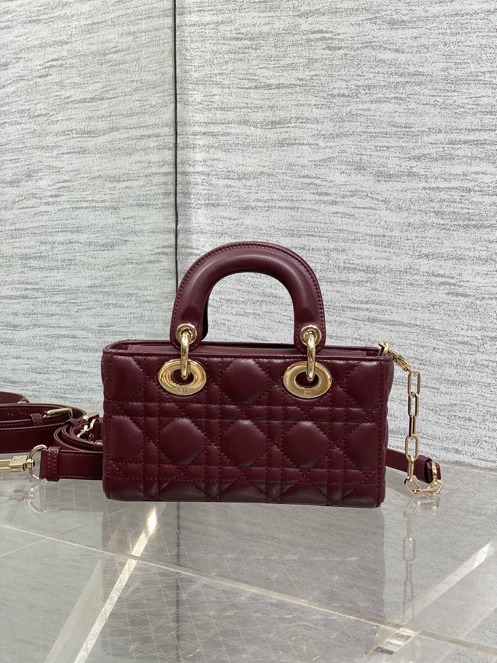DIOR 25S SMALL LADY D‑JOY BAG 19 IN BURGUNDY CANNAGE CALFSKIN GOLD HARDWARE