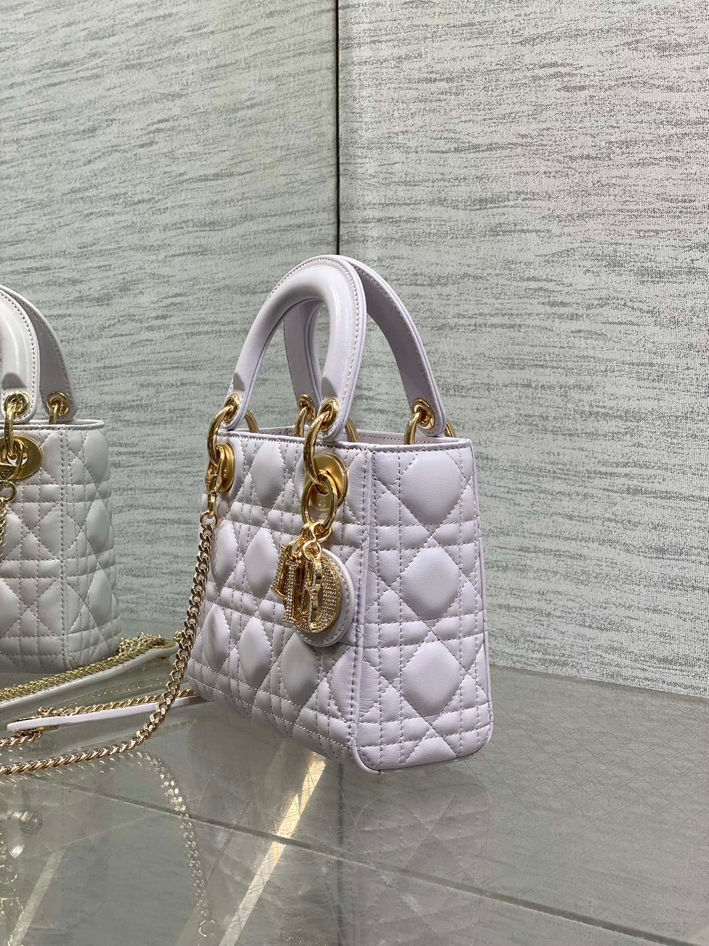 DIOR 25S MINI LADY DIOR BAG 17 IN LILAC CALFSKIN CHARM CRYSTAL EMBELLISHMENTS