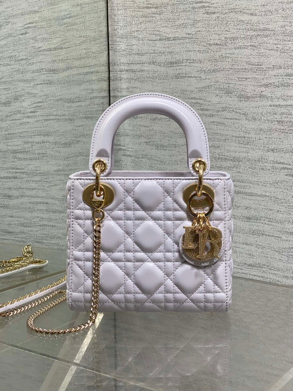 DIOR 25S MINI LADY DIOR BAG 17 IN LILAC CALFSKIN CHARM CRYSTAL EMBELLISHMENTS