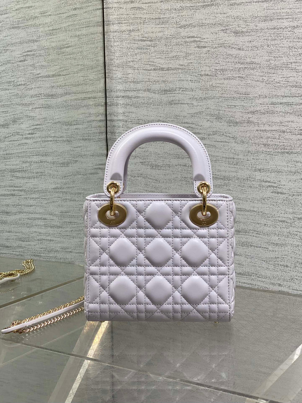 DIOR 25S MINI LADY DIOR BAG 17 IN LILAC CALFSKIN CHARM CRYSTAL EMBELLISHMENTS