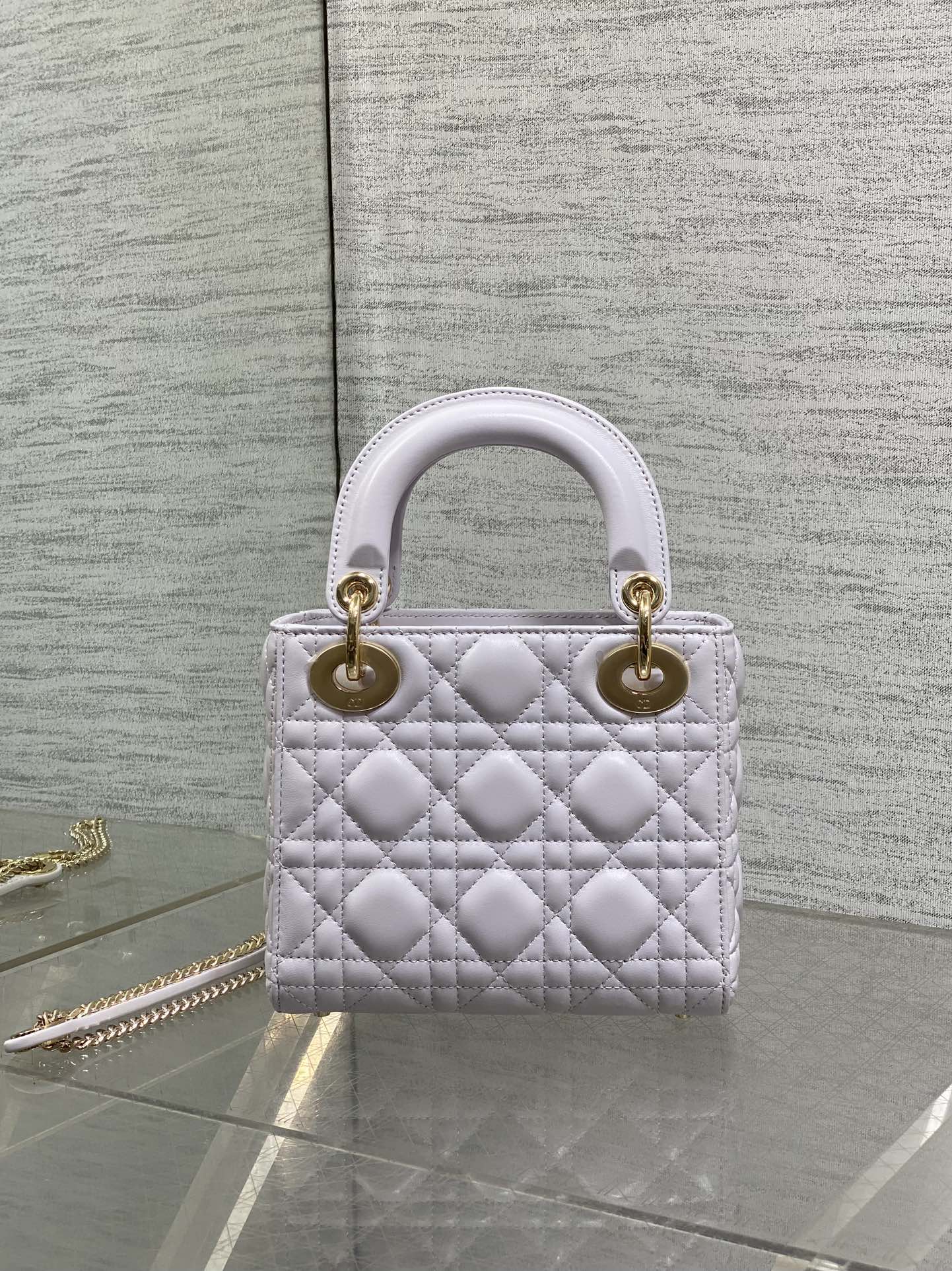 DIOR 25S MINI LADY DIOR BAG 17 IN LILAC CALFSKIN CHARM CRYSTAL EMBELLISHMENTS