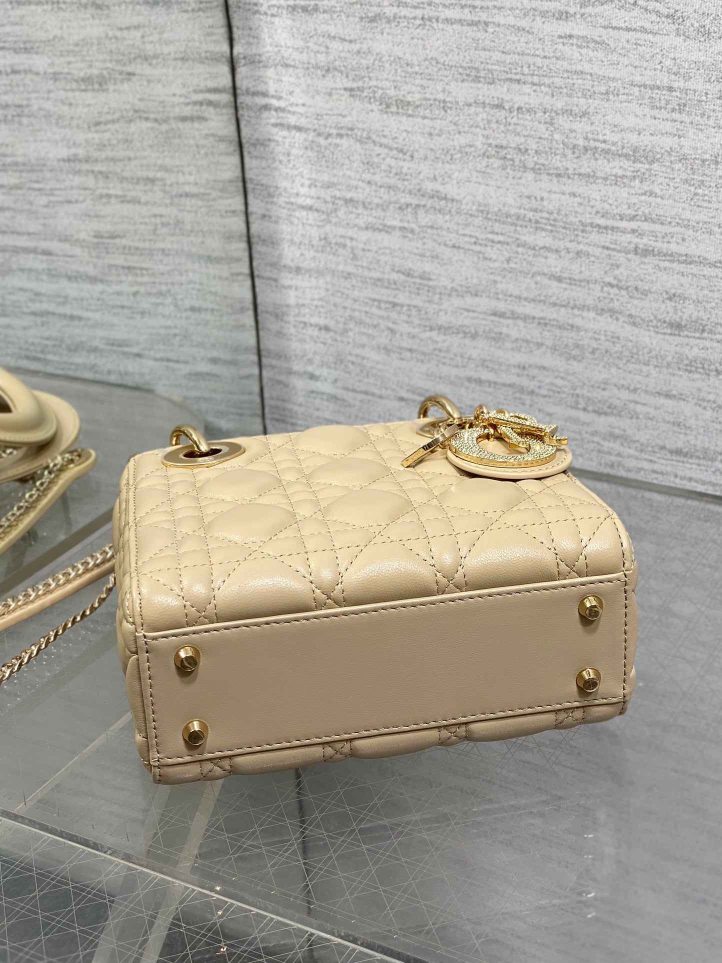 DIOR 25S MINI LADY DIOR BAG 17 IN BISCUIT CALFSKIN CHARM CRYSTAL EMBELLISHMENTS