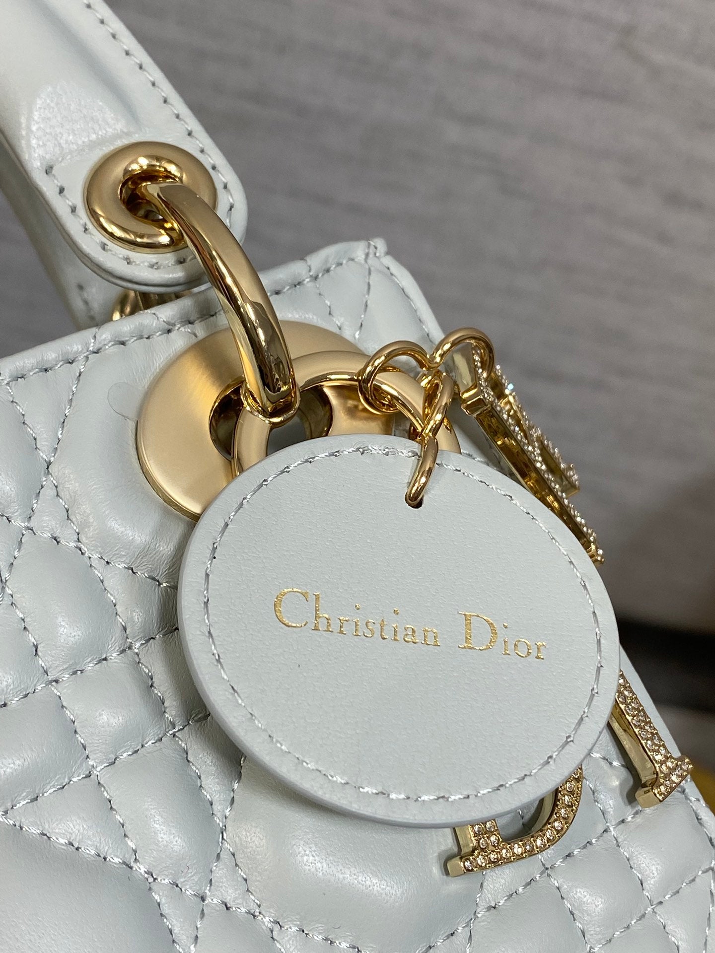 DIOR 25S MINI LADY DIOR BAG 17 IN LIGHT BLUE CALFSKIN CHARM CRYSTAL EMBELLISHMENTS