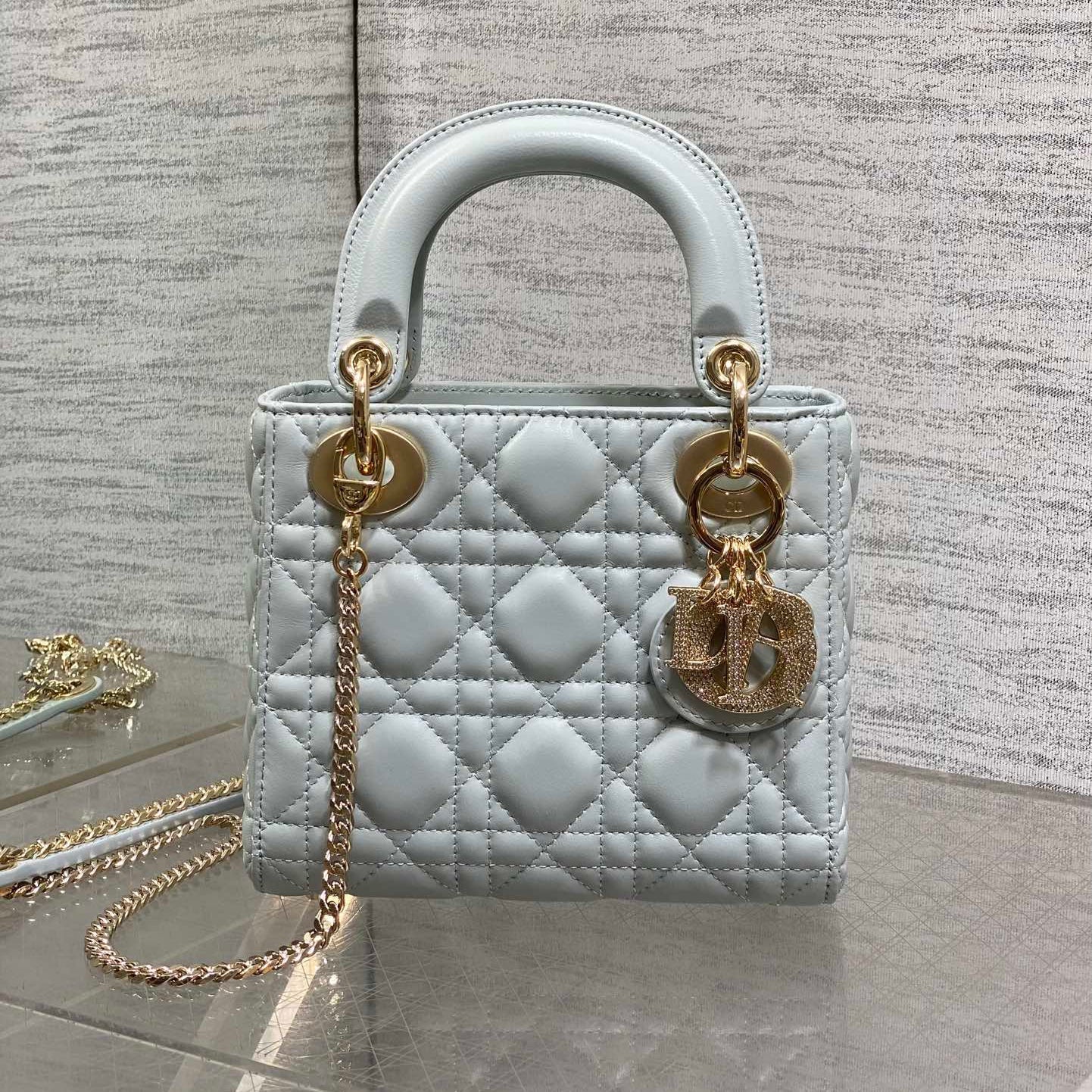 DIOR 25S MINI LADY DIOR BAG 17 IN LIGHT BLUE CALFSKIN CHARM CRYSTAL EMBELLISHMENTS