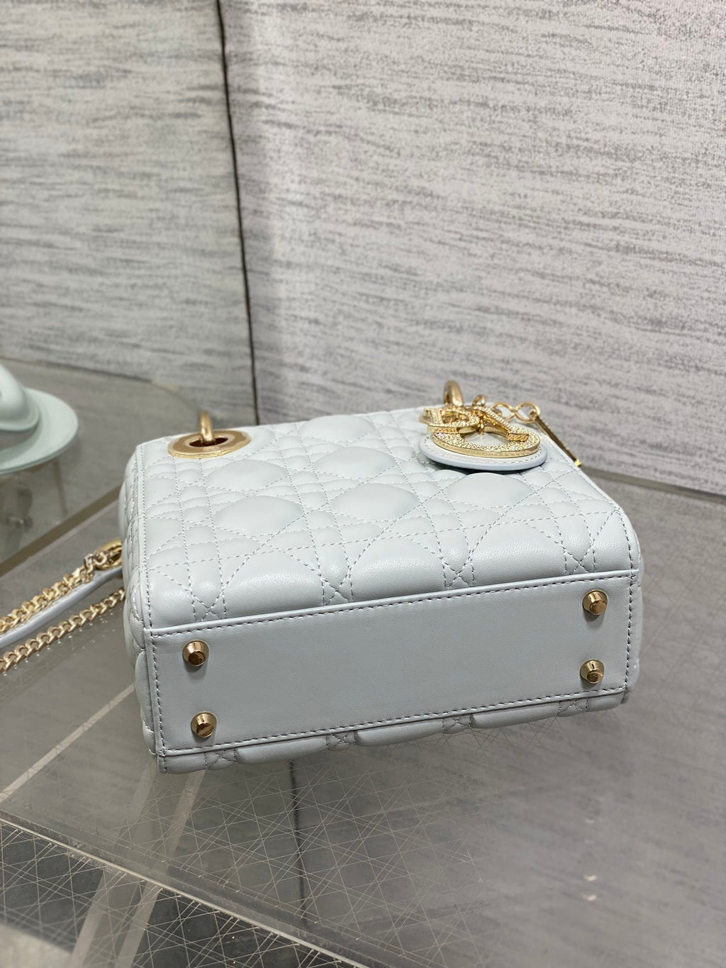 DIOR 25S MINI LADY DIOR BAG 17 IN LIGHT BLUE CALFSKIN CHARM CRYSTAL EMBELLISHMENTS