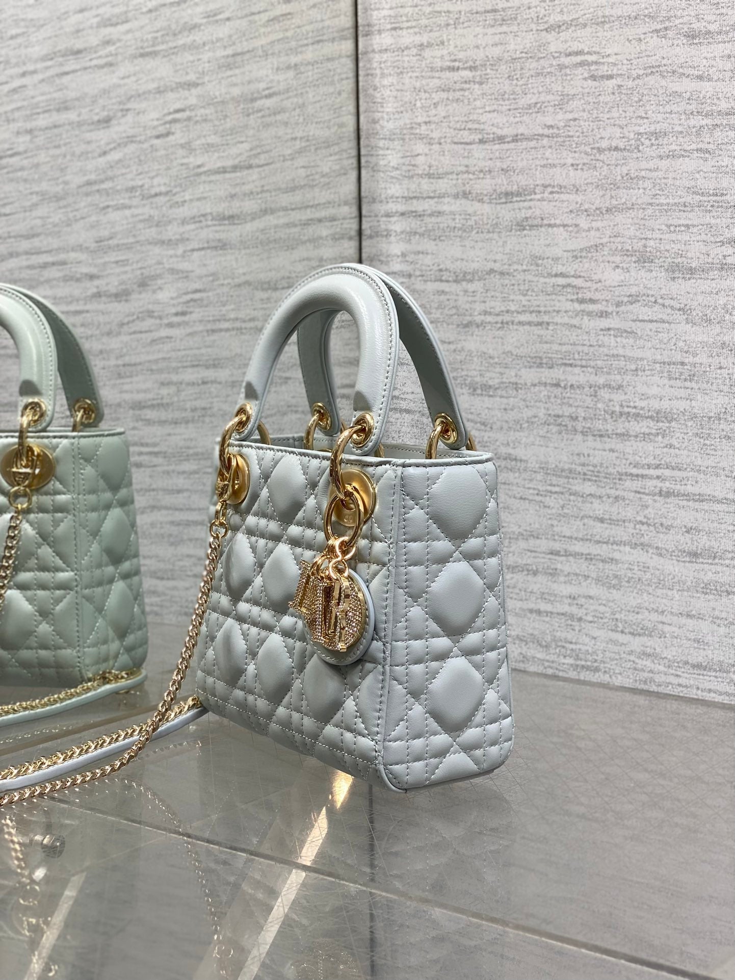 DIOR 25S MINI LADY DIOR BAG 17 IN LIGHT BLUE CALFSKIN CHARM CRYSTAL EMBELLISHMENTS