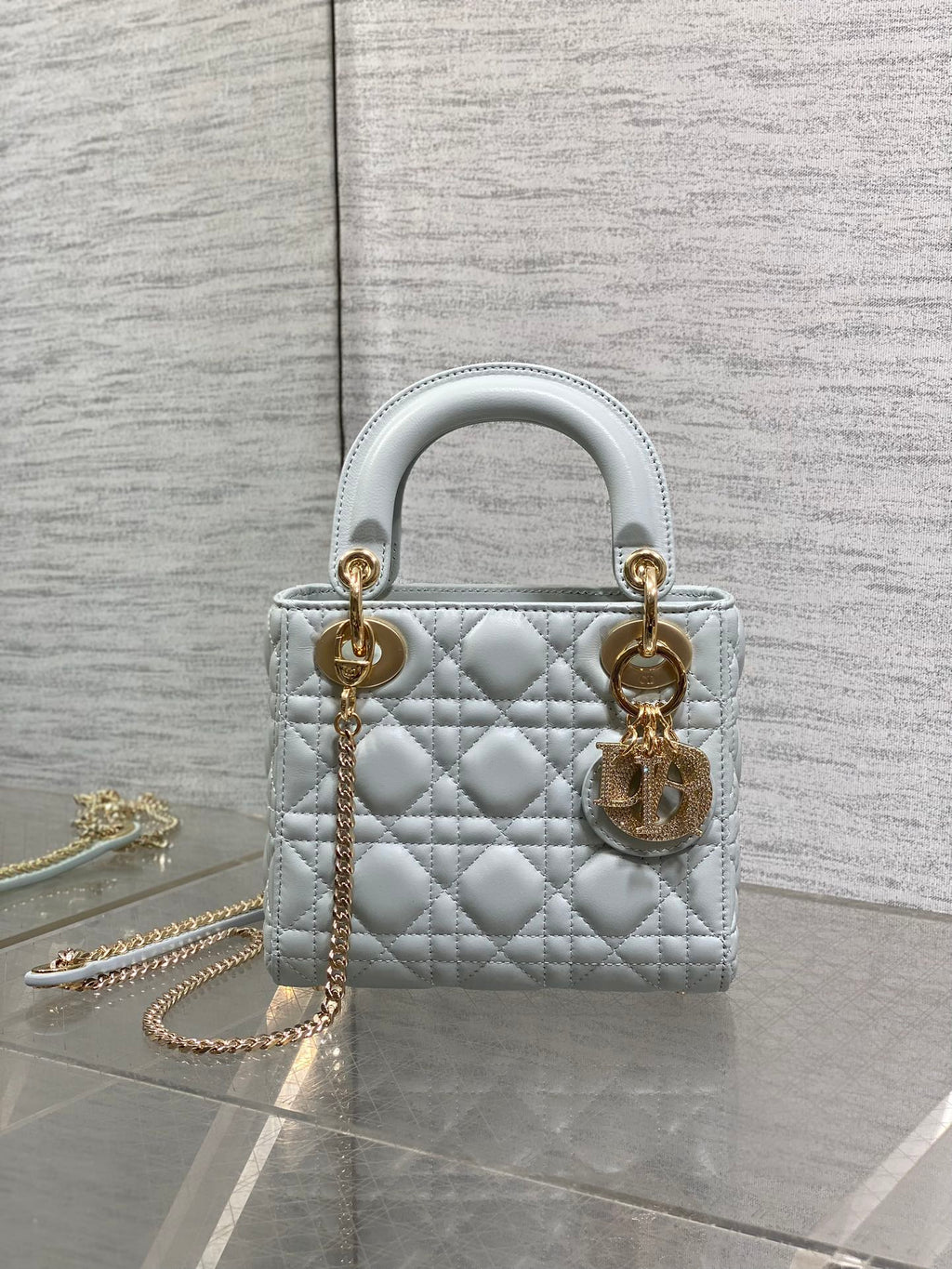 DIOR 25S MINI LADY DIOR BAG 17 IN LIGHT BLUE CALFSKIN CHARM CRYSTAL EMBELLISHMENTS