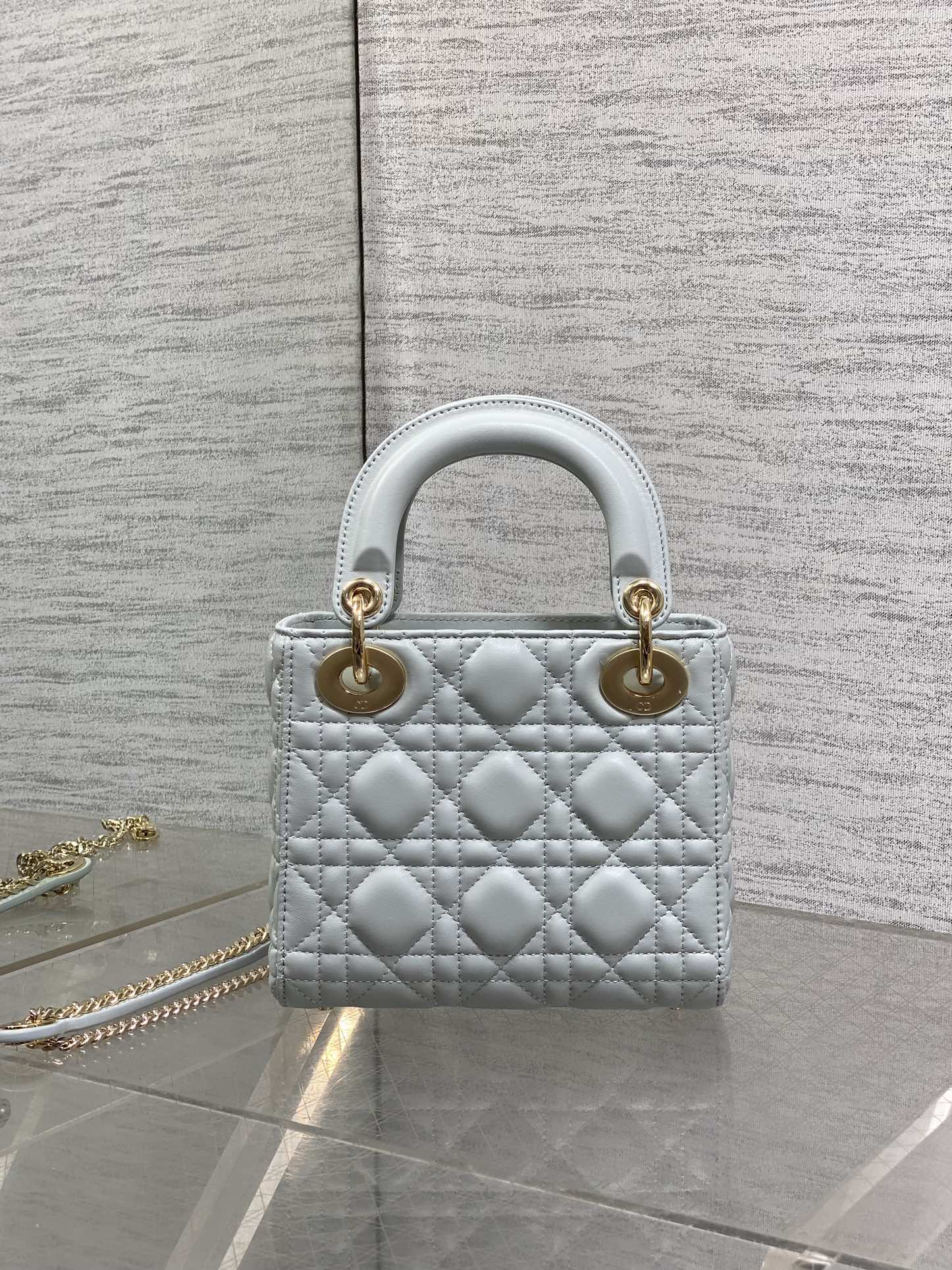 DIOR 25S MINI LADY DIOR BAG 17 IN LIGHT BLUE CALFSKIN CHARM CRYSTAL EMBELLISHMENTS