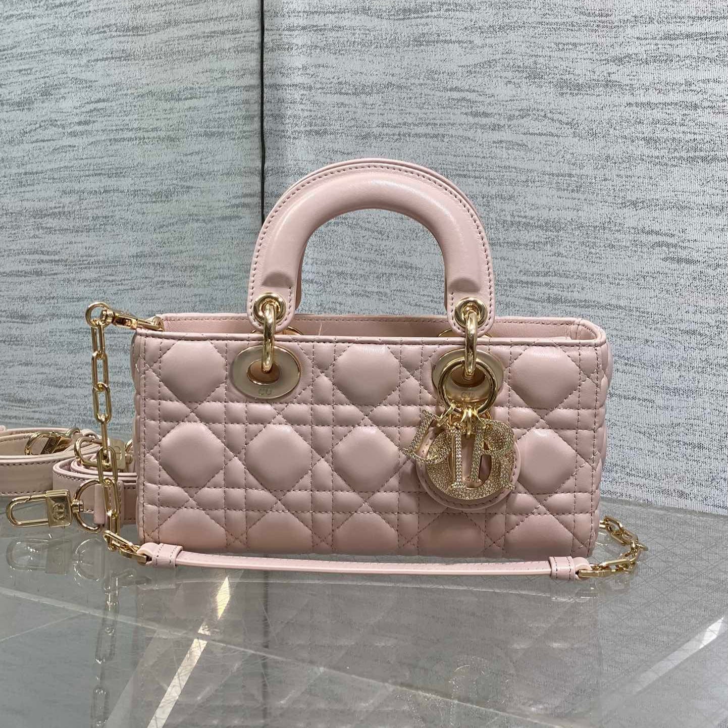 DIOR 25S SMALL LADY D‑JOY BAG 22 IN BABY PINK CALFSKIN GOLD HARDWRE