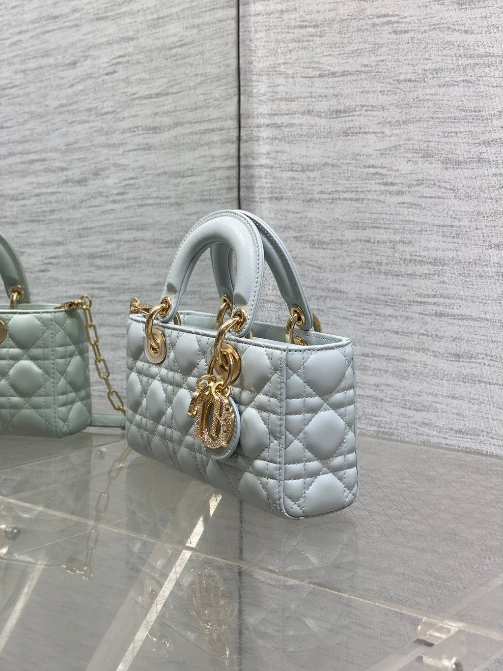 DIOR 25S SMALL LADY D‑JOY BAG 22 IN SHIRT BLUE CALFSKIN GOLD HARDWRE