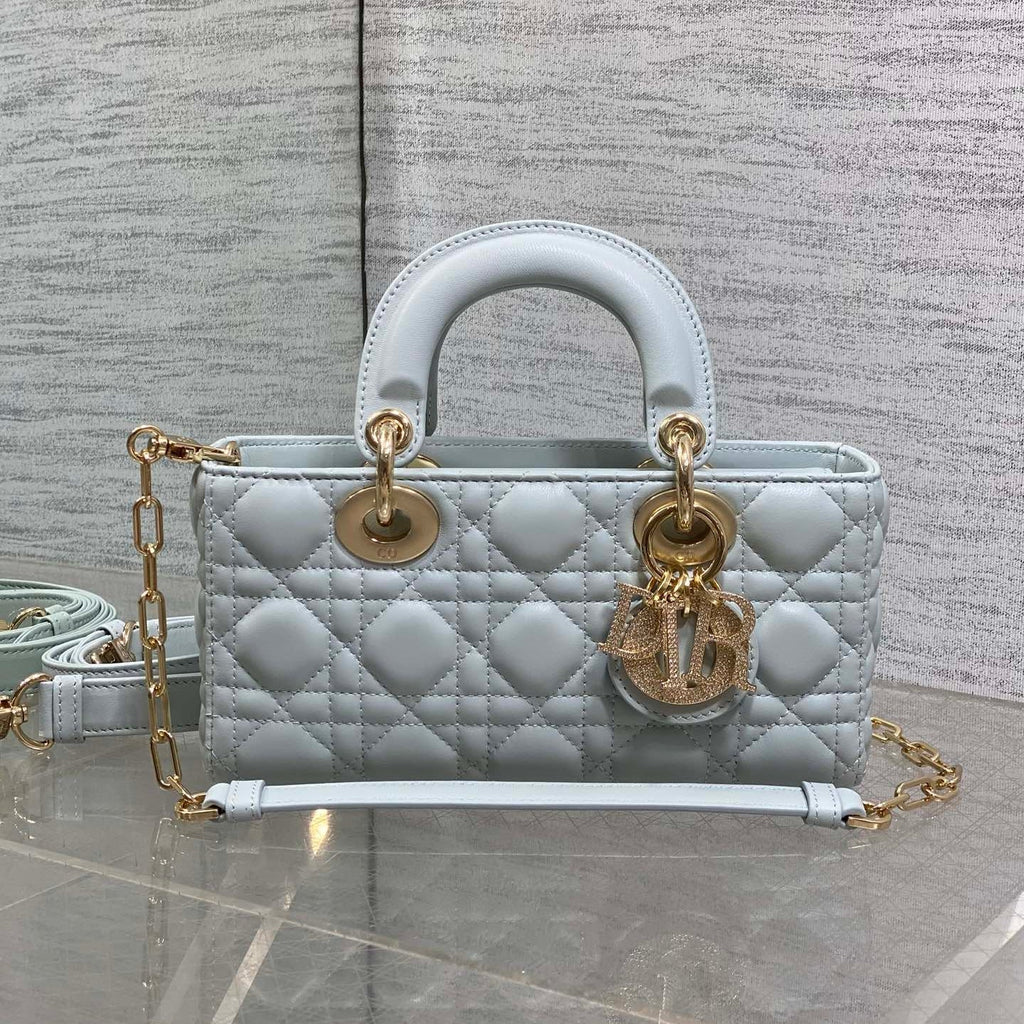 DIOR 25S SMALL LADY D‑JOY BAG 22 IN SHIRT BLUE CALFSKIN GOLD HARDWRE