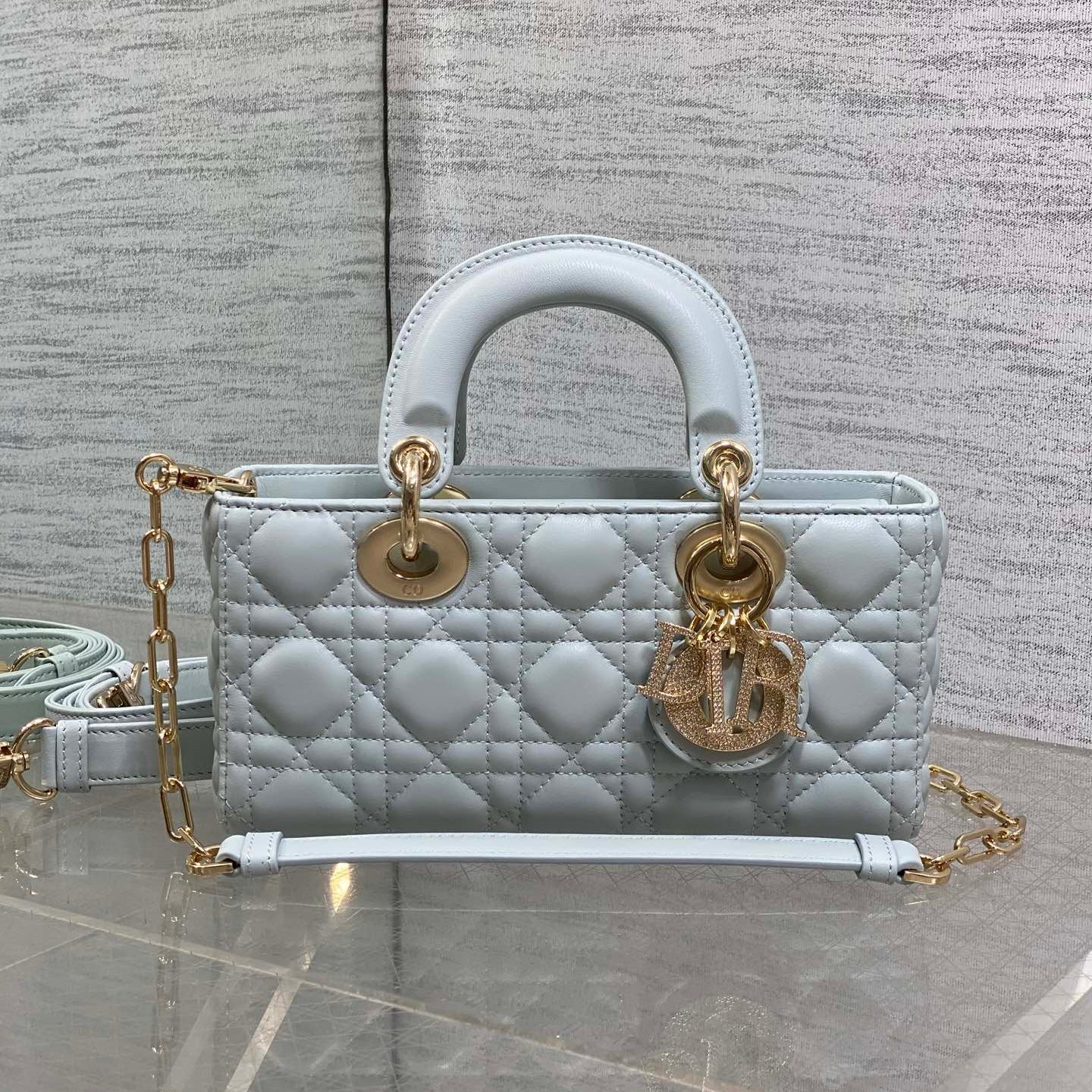 DIOR 25S SMALL LADY D‑JOY BAG 22 IN SHIRT BLUE CALFSKIN GOLD HARDWRE