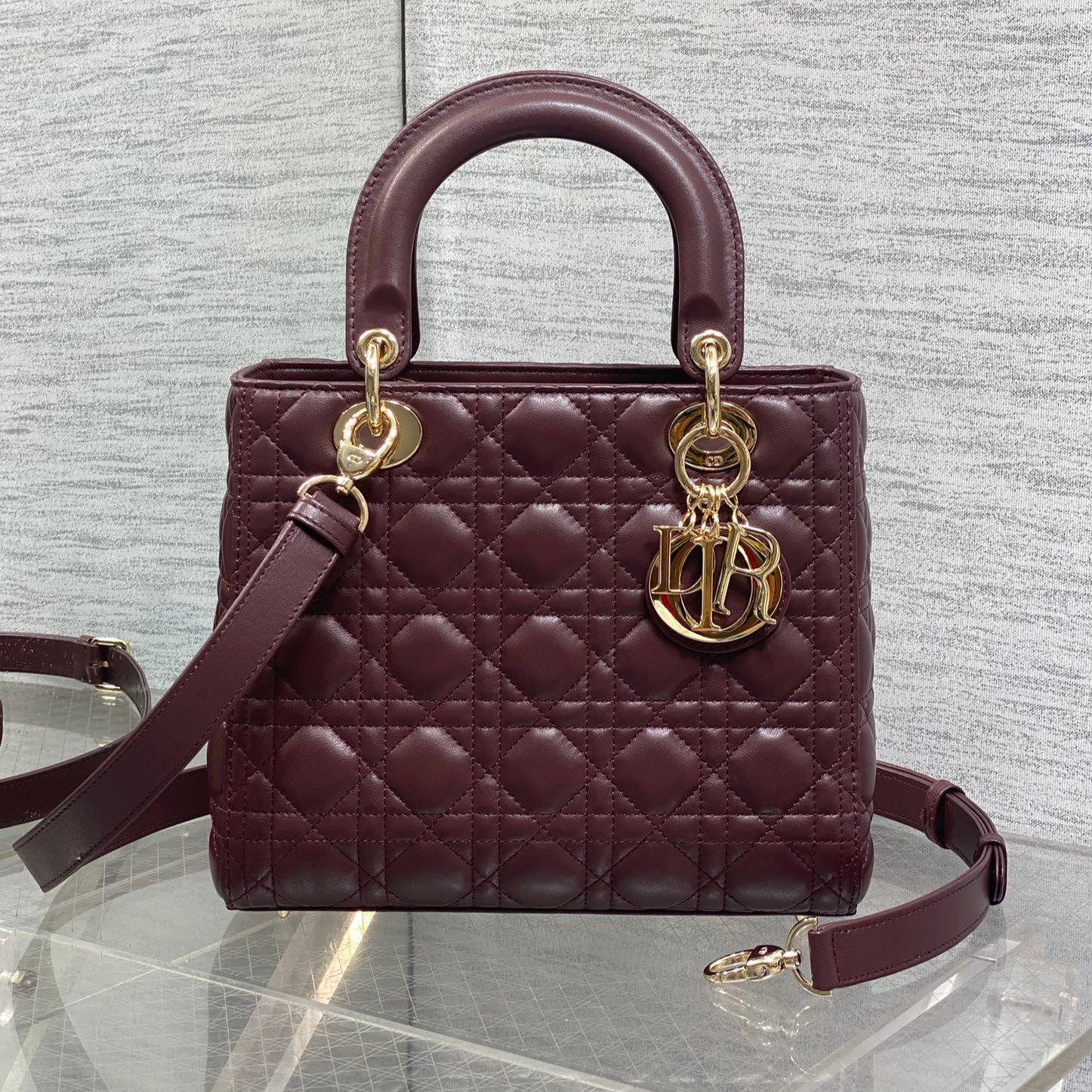 DIOR 25S MEDIUM LADY BAG 24 IN BURGUNDY CALFSKIN GOLD HARDWRE