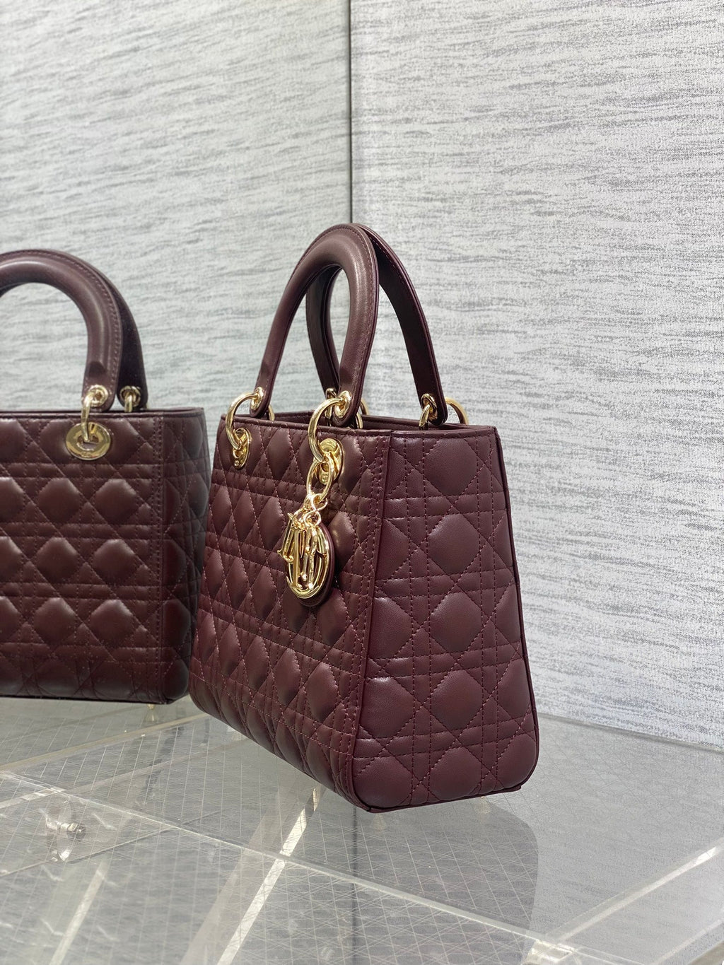DIOR 25S MEDIUM LADY BAG 24 IN BURGUNDY CALFSKIN GOLD HARDWRE