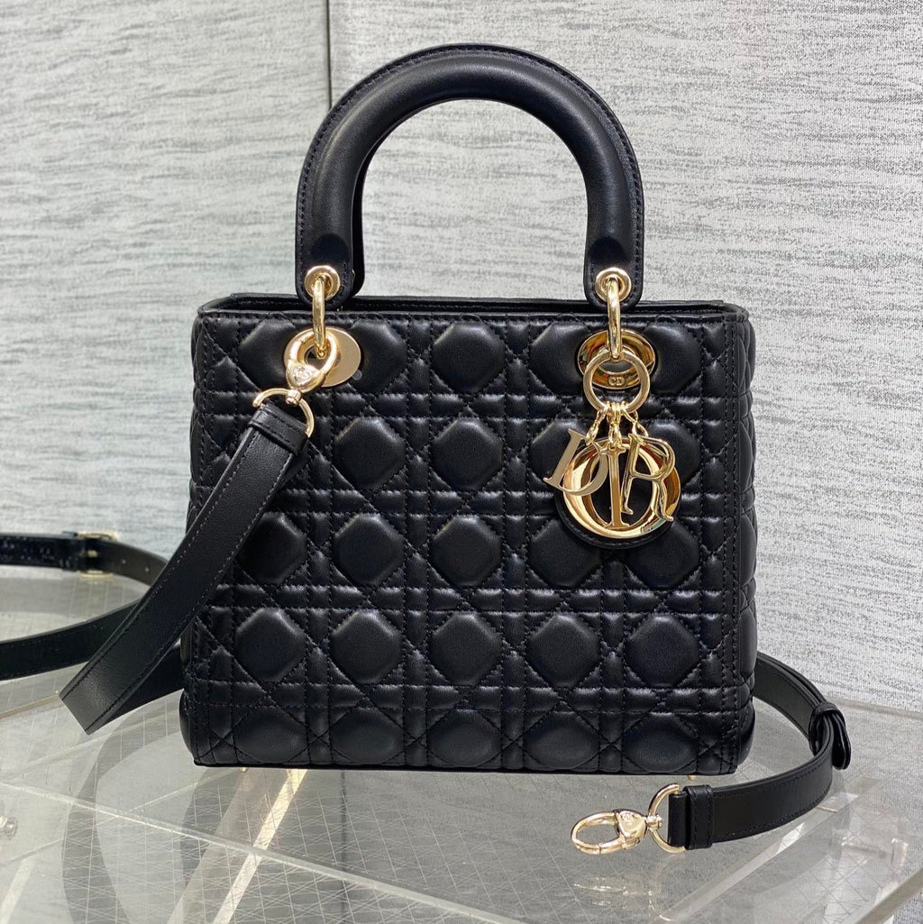 DIOR 25S MEDIUM LADY BAG 24 IN BLACK CALFSKIN GOLD HARDWRE