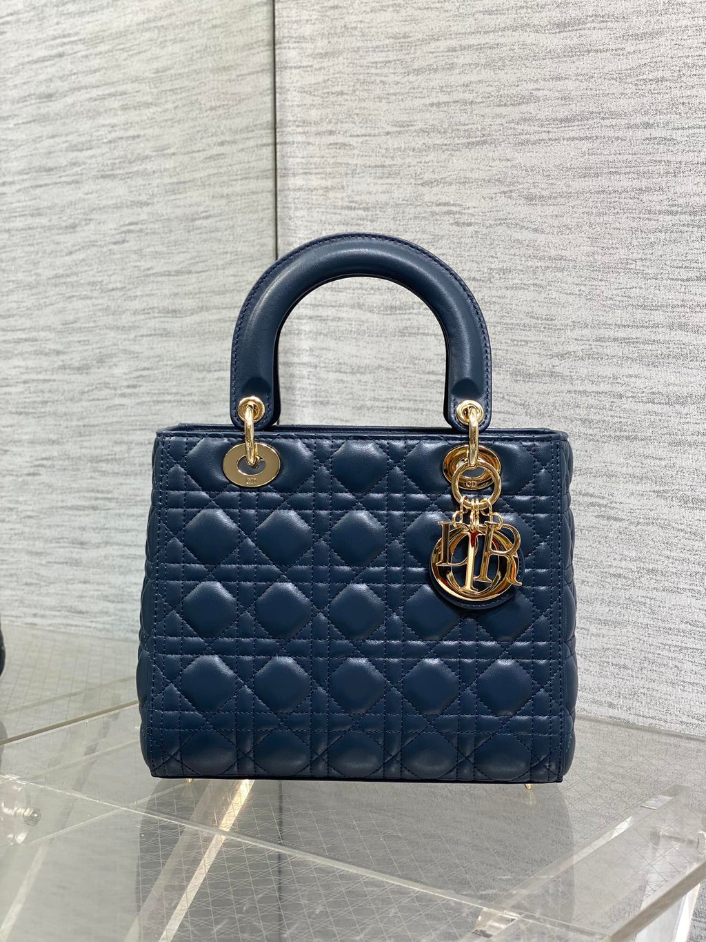 DIOR 25S MEDIUM LADY BAG 24 IN DEEP OCEAN BLUE CALFSKIN GOLD HARDWRE