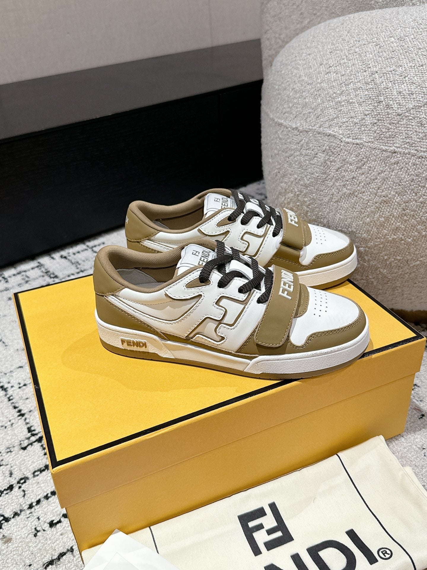 FENDI MATCH LOW-TOPS IN DARK TAN MIX WHITE CALFSKIN