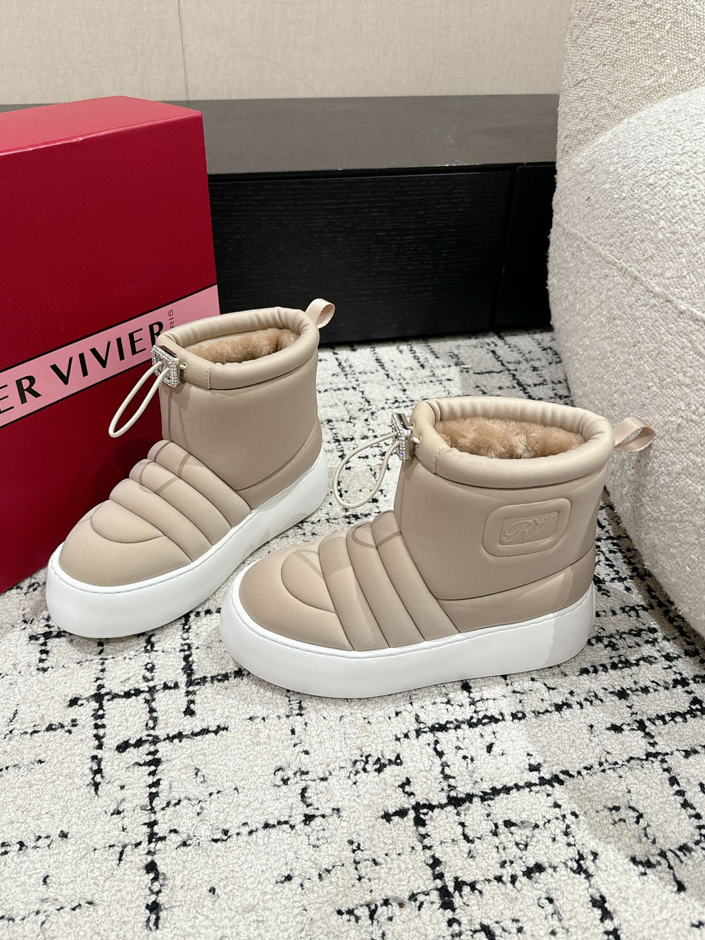 VIV' UP ANKLE BOOTS IN BEIGE TECHNICAL FABRIC FLEECE LINING