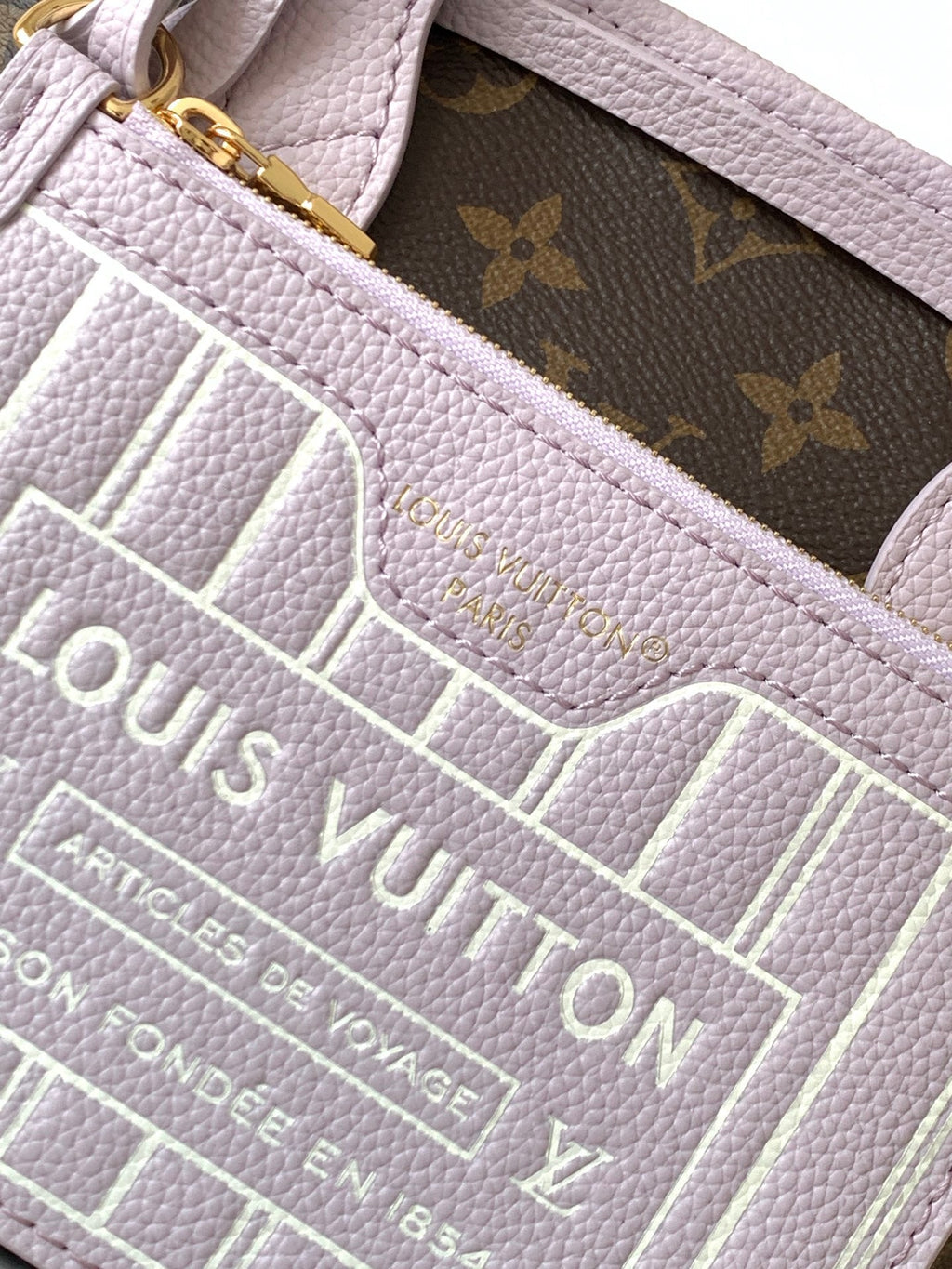 LV 25S NEVERFULL BANDOULIÈRE INSIDE OUT BB 31 IN LIGHT PURPLE AND BROWN CALFSKIN