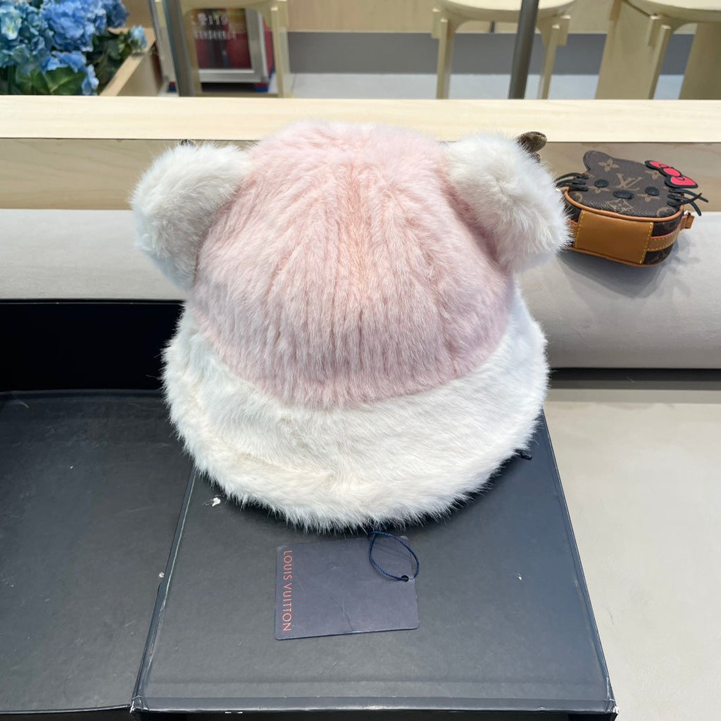 FISHERMAN HAT IN PINK MIX WHITE WOOL AND RABBIT FUR 409760