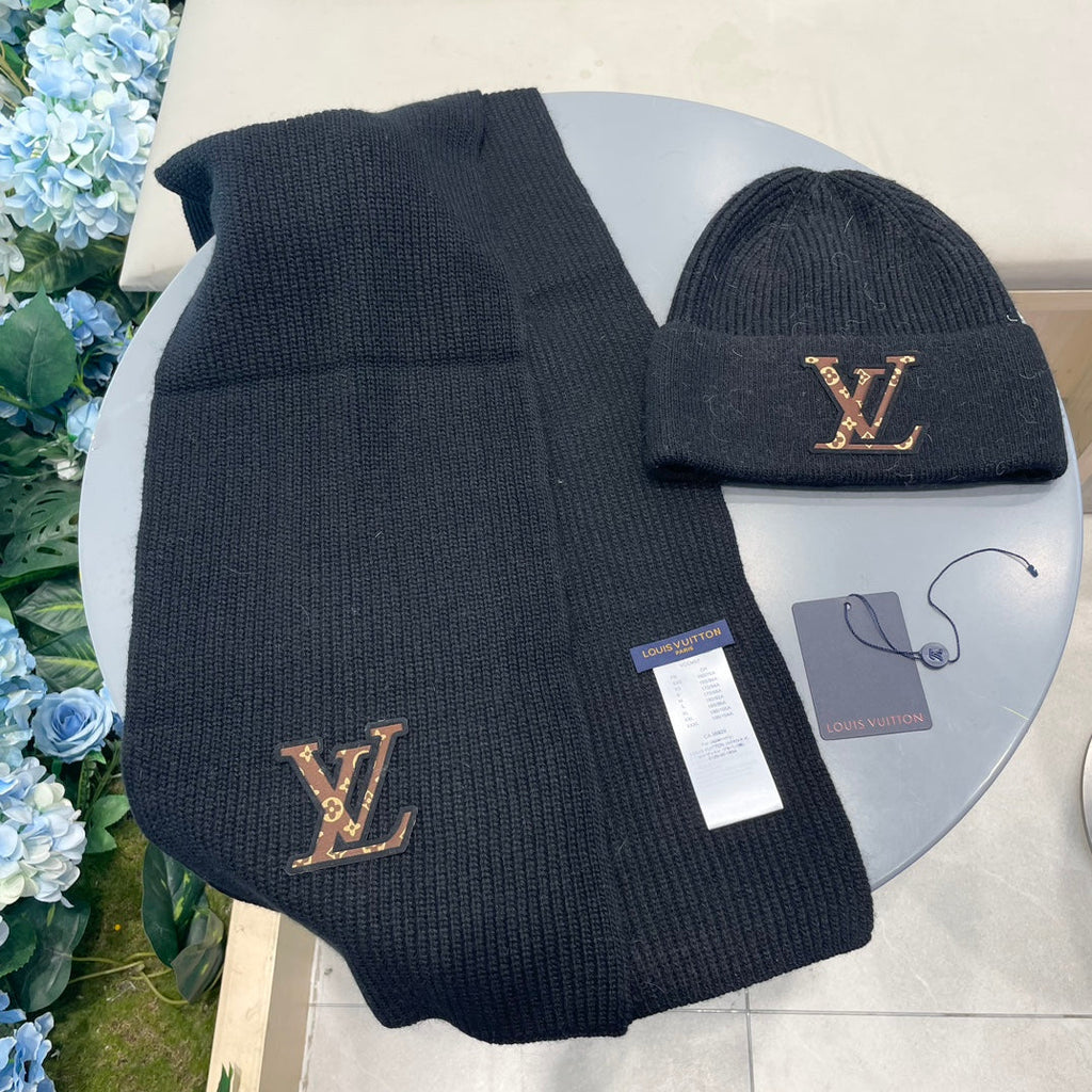 SET CLASSIC SCARF AND HAT IN BLACK WOOL 414785