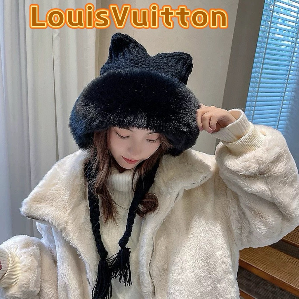 KNITTED BEANIE HAT IN BLACK WOOL WITH JAPANESE CAT EARS 421256
