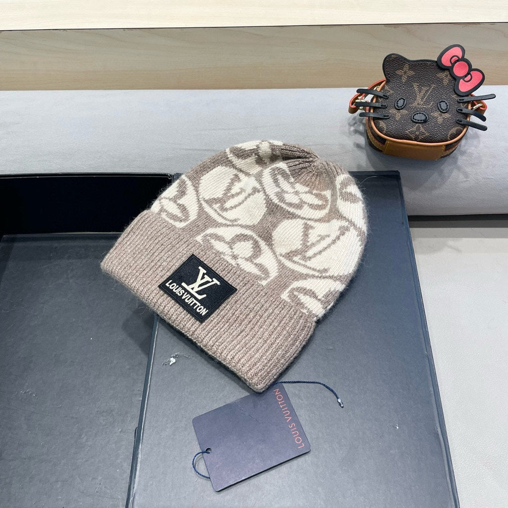 KNITTED BEANIE HAT IN BROWN MIX BEIGE WOOL AND RABBIT FUR 426244