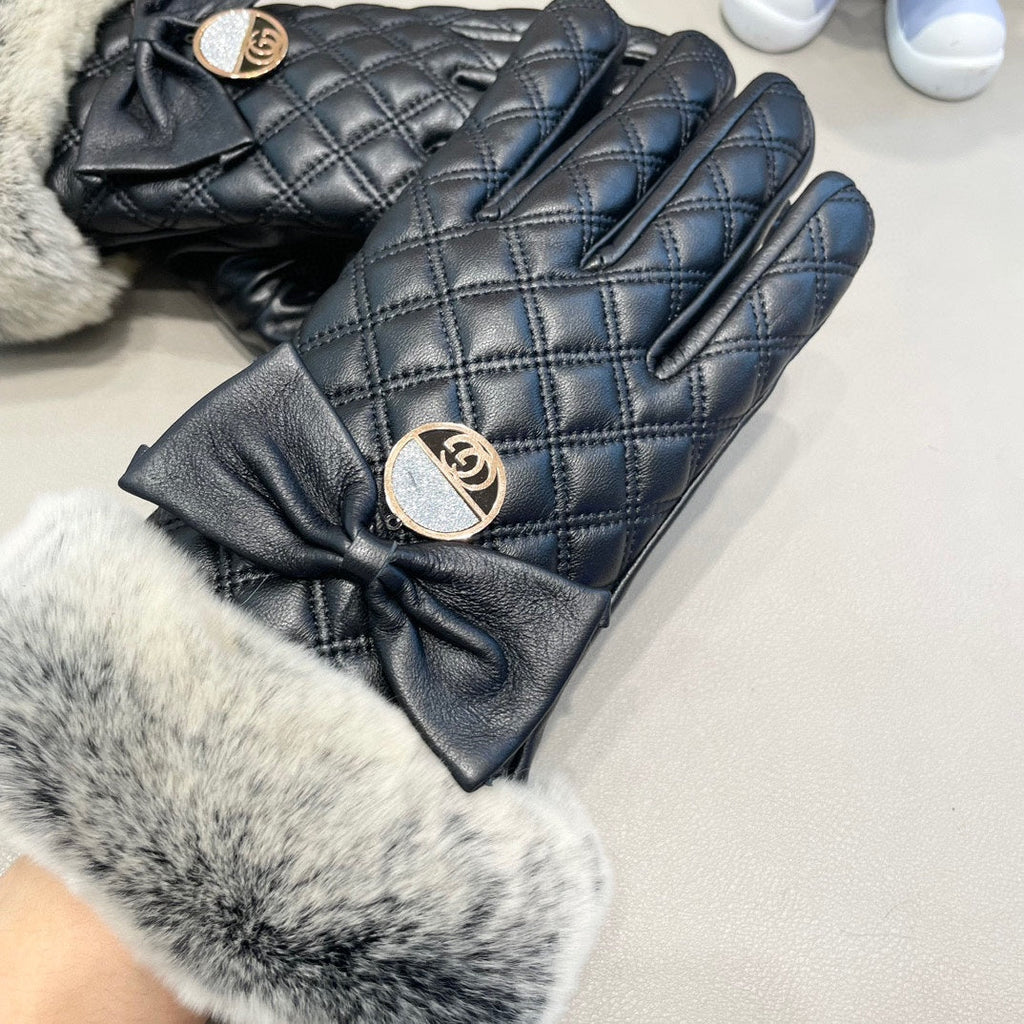 TOUCHSCREEN GLOVES WITH BOW IN BLACK RABBIT FUR MIX LAMBSKIN 463796