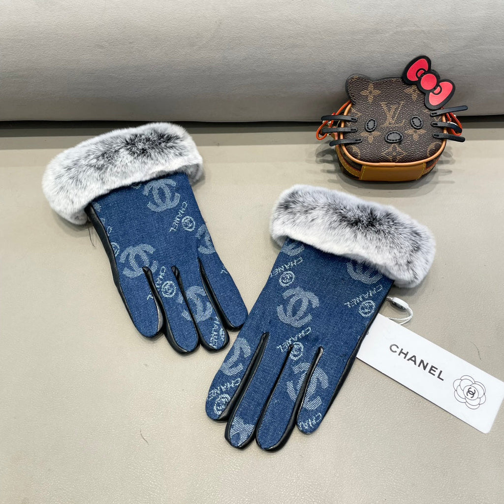 GLOVES IN NAVY BLUE DENIM AND BLACK CALFSKIN 463798