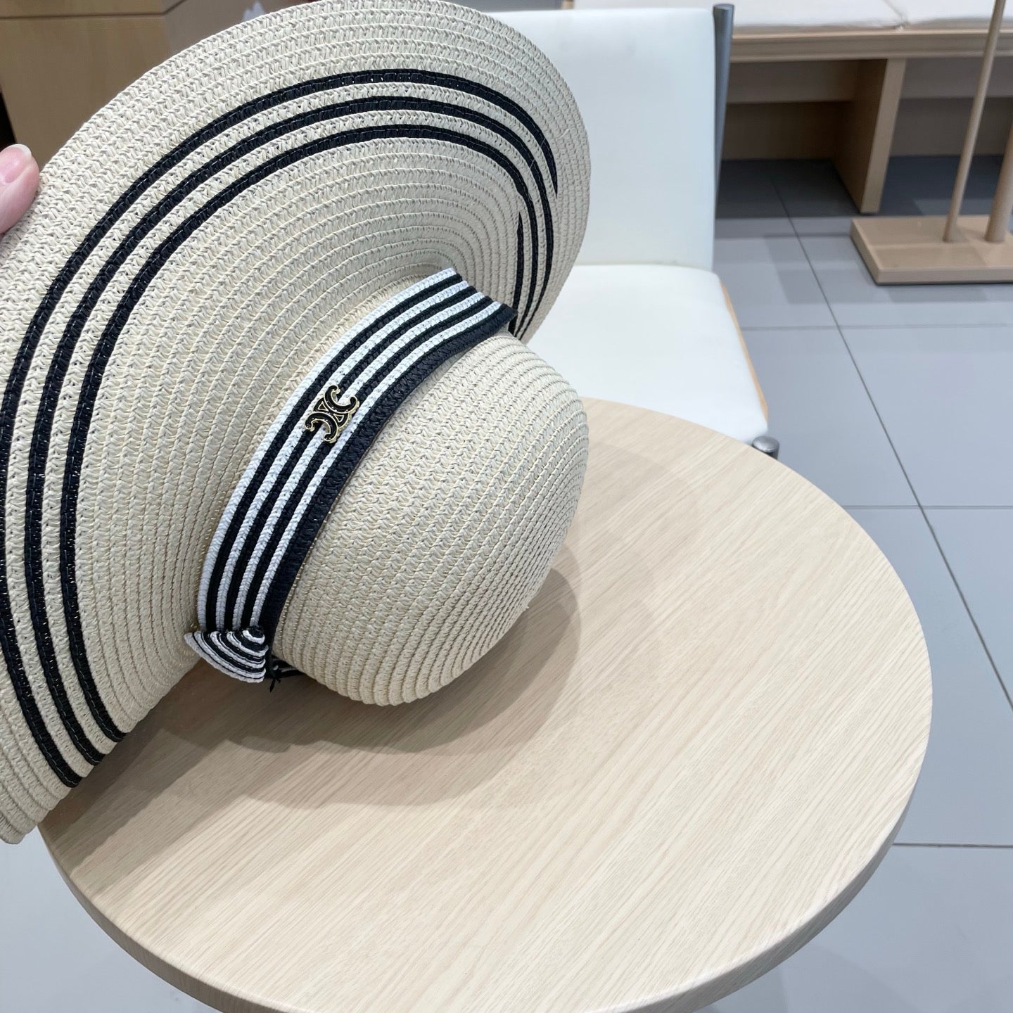 WIDE BRIM HAT MODEL 650408 IN CREAM WHITE BLACK STRIPES WOVEN STRAW