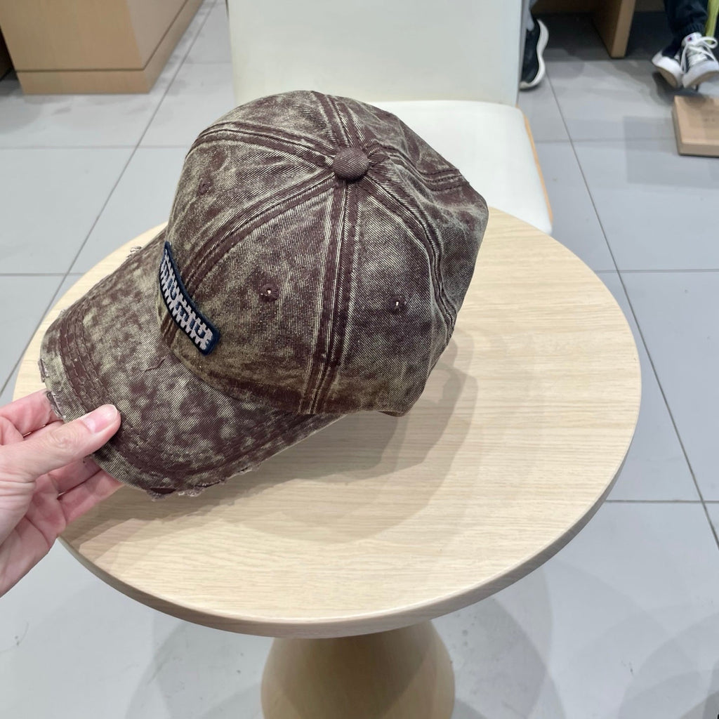 MM DISTRESSED FABRIC BASEBALL CAP IN BROWN WITH EMBROIDERED LOGO